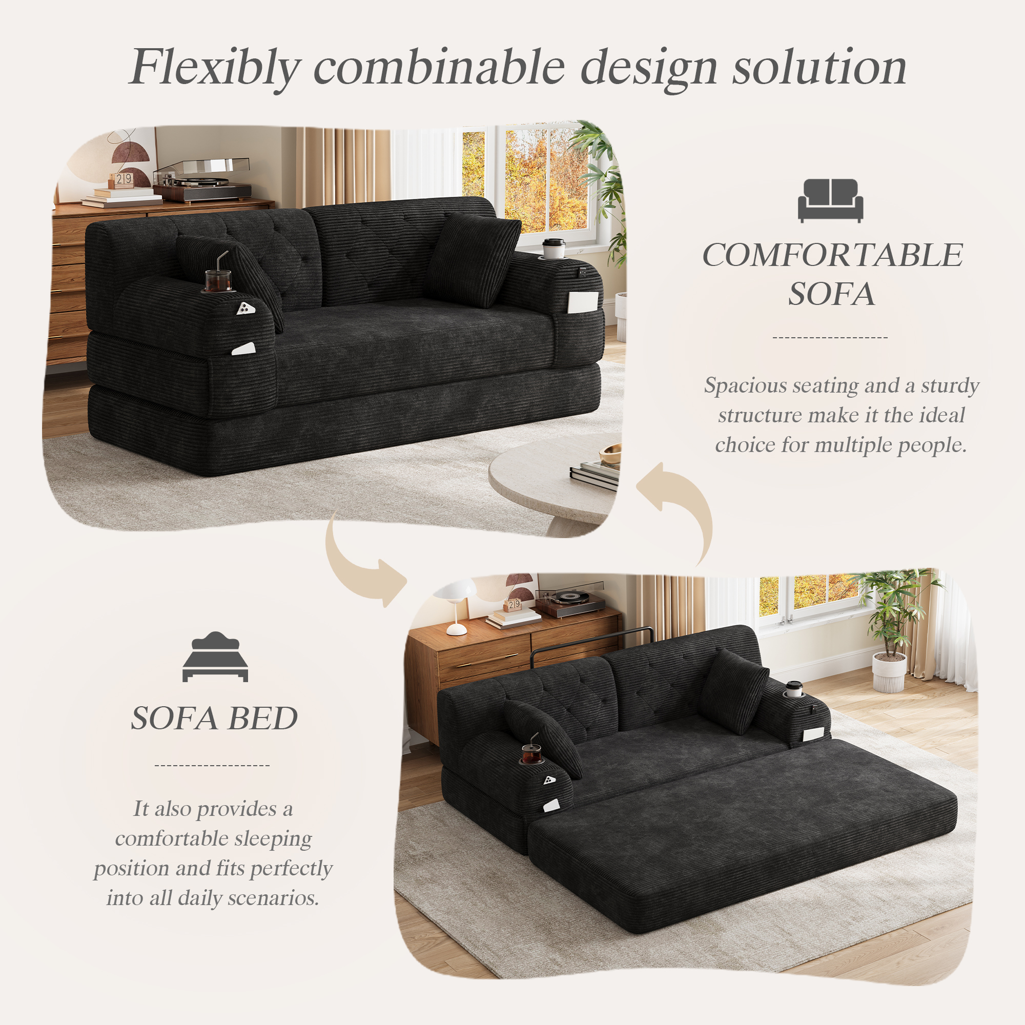 2-Seater Sleeper Sofa, Compressed Corduroy With High Backrest, Metal Frame