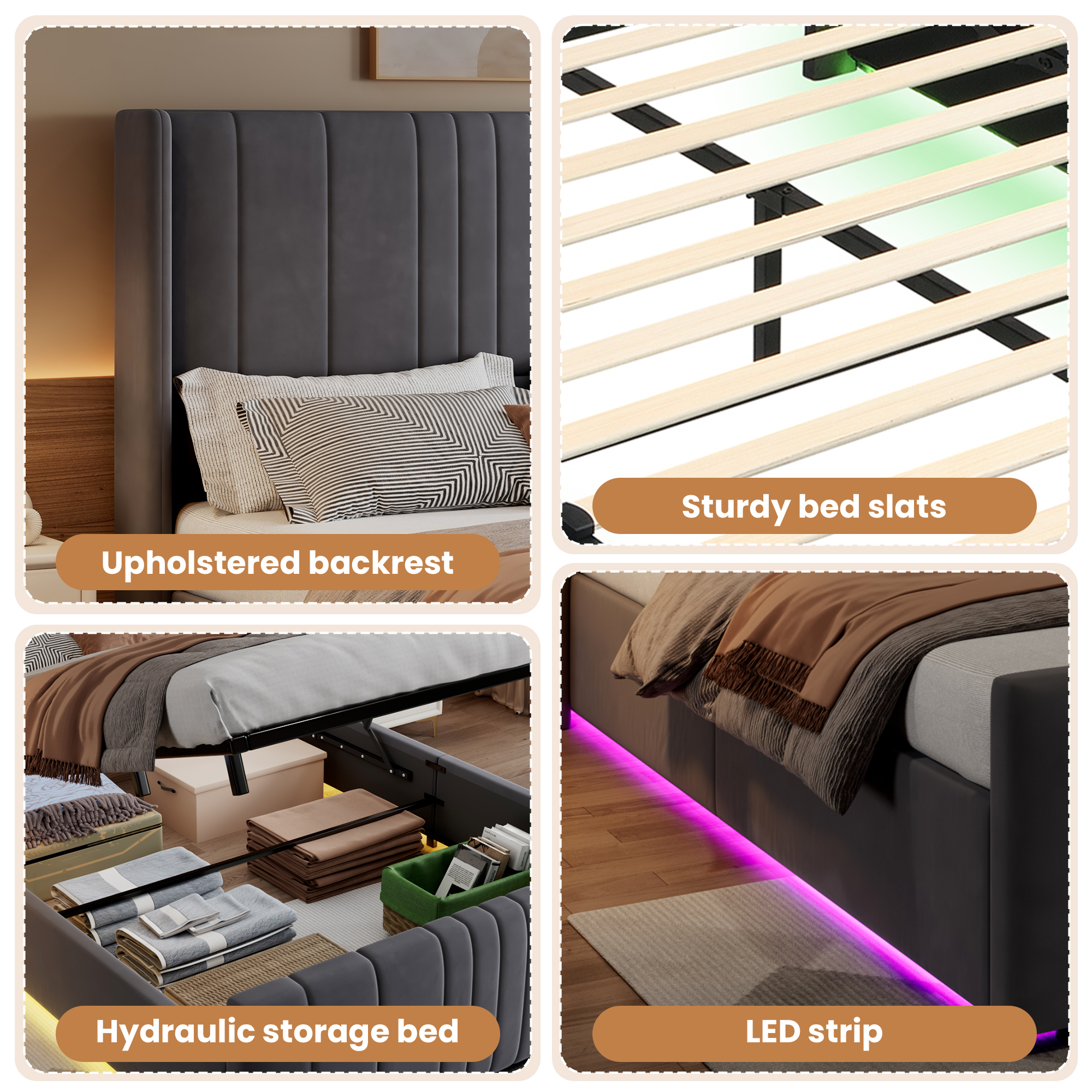 Upholstered Bed, Ottoman Hydraulic With Storage Function, LED Lighting4ft6 — image 4