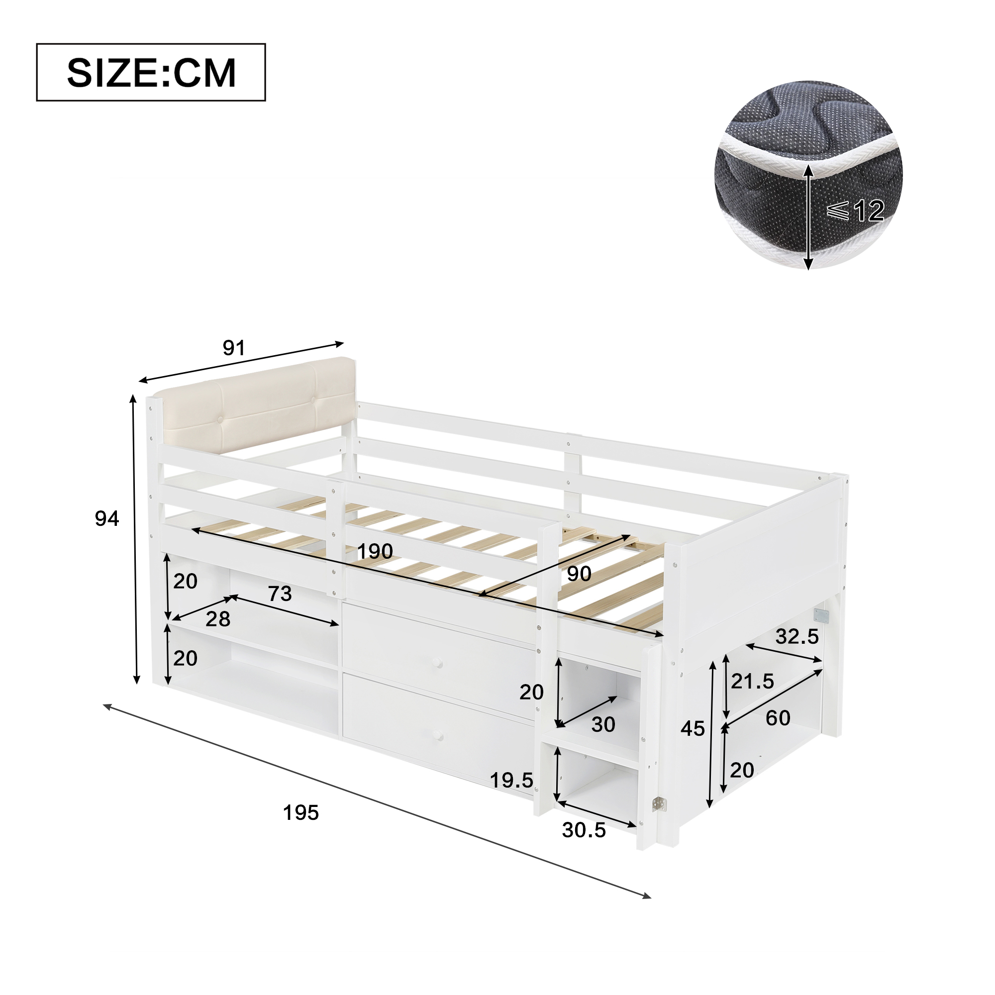 Wooden Bed, Storage , Children's 3ft Single 90x190cm, Safety Guardrail, Two — image 2