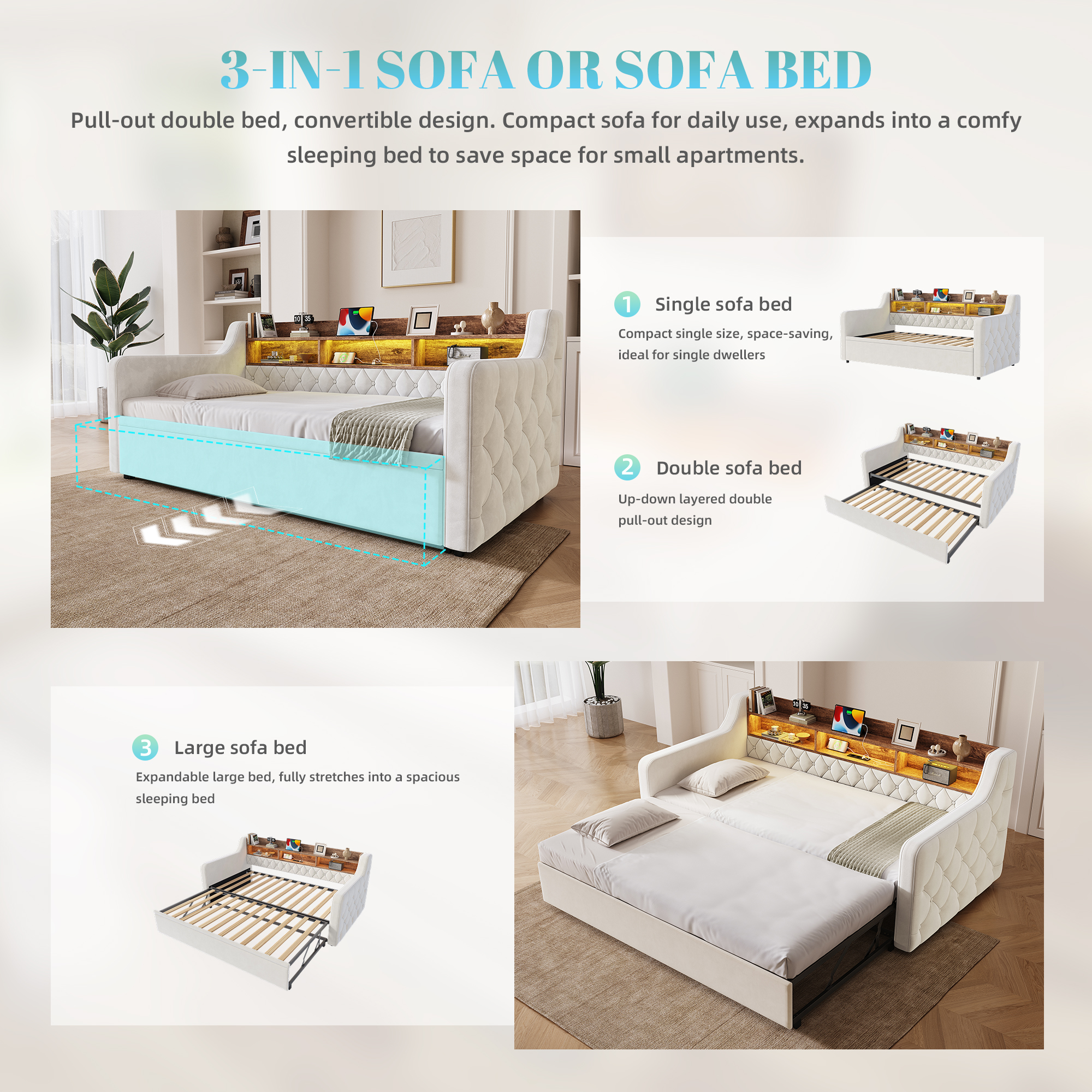 90 X 190 Cm Sofa Bed With Pull-Out Velvet Sleeper Armrests, Storage Wooden — image 3