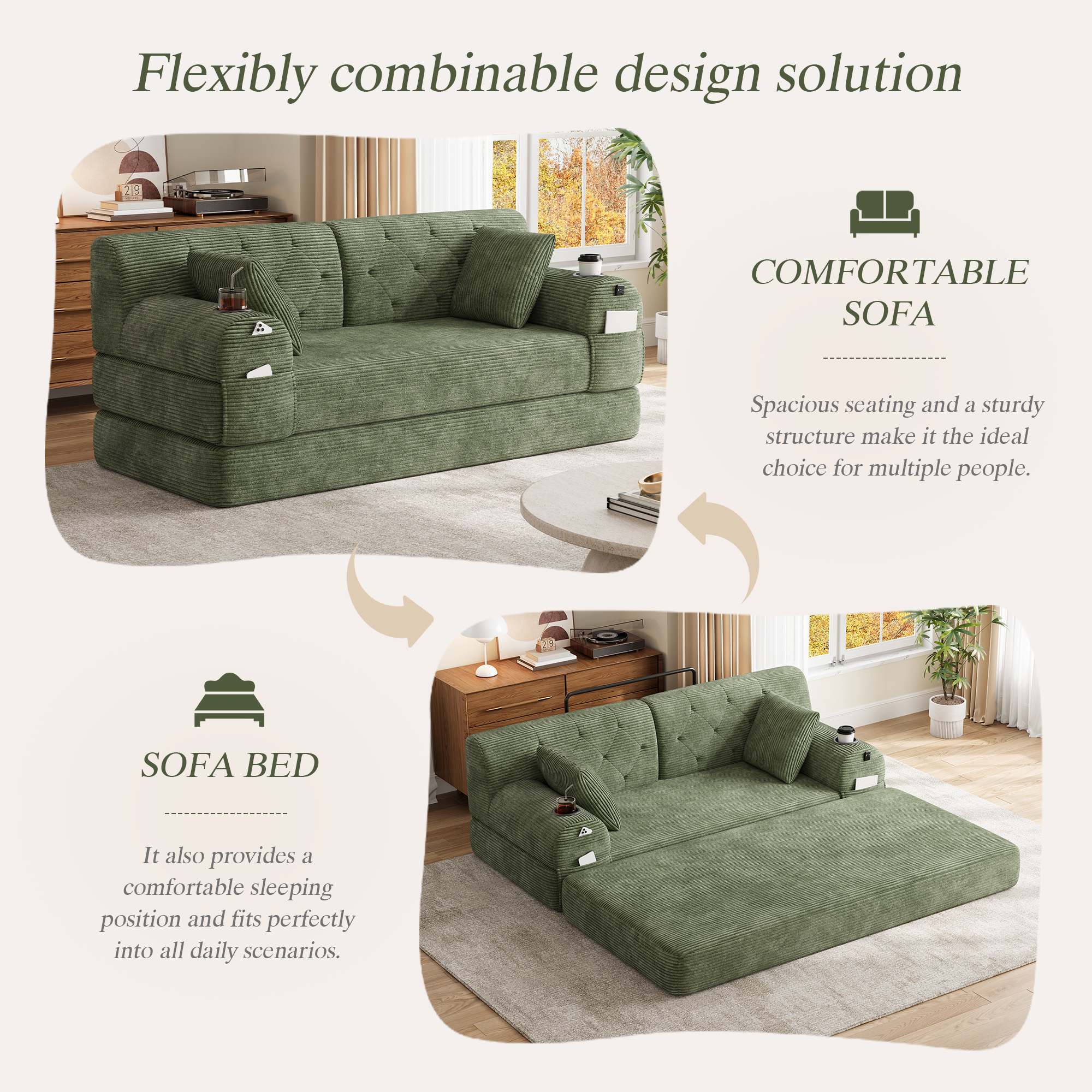 2-Seater Sleeper Sofa, Compressed Corduroy With High Backrest, Metal Frame — image 4