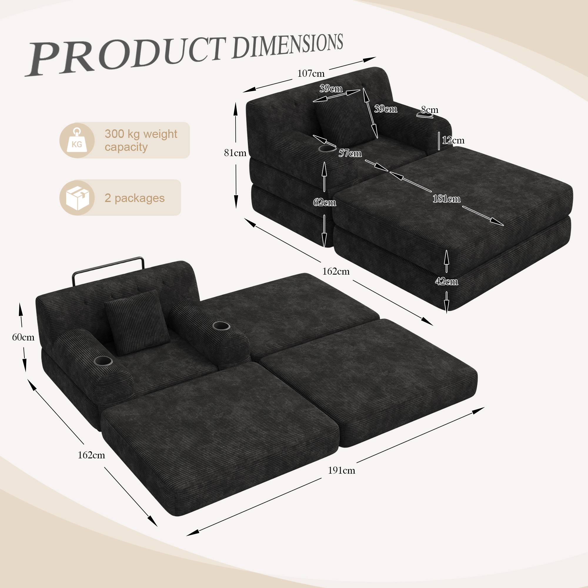 Cord Sleeper Chair With Ottoman, Convertible 1-Seater Sofa Bed, Compressed — image 2