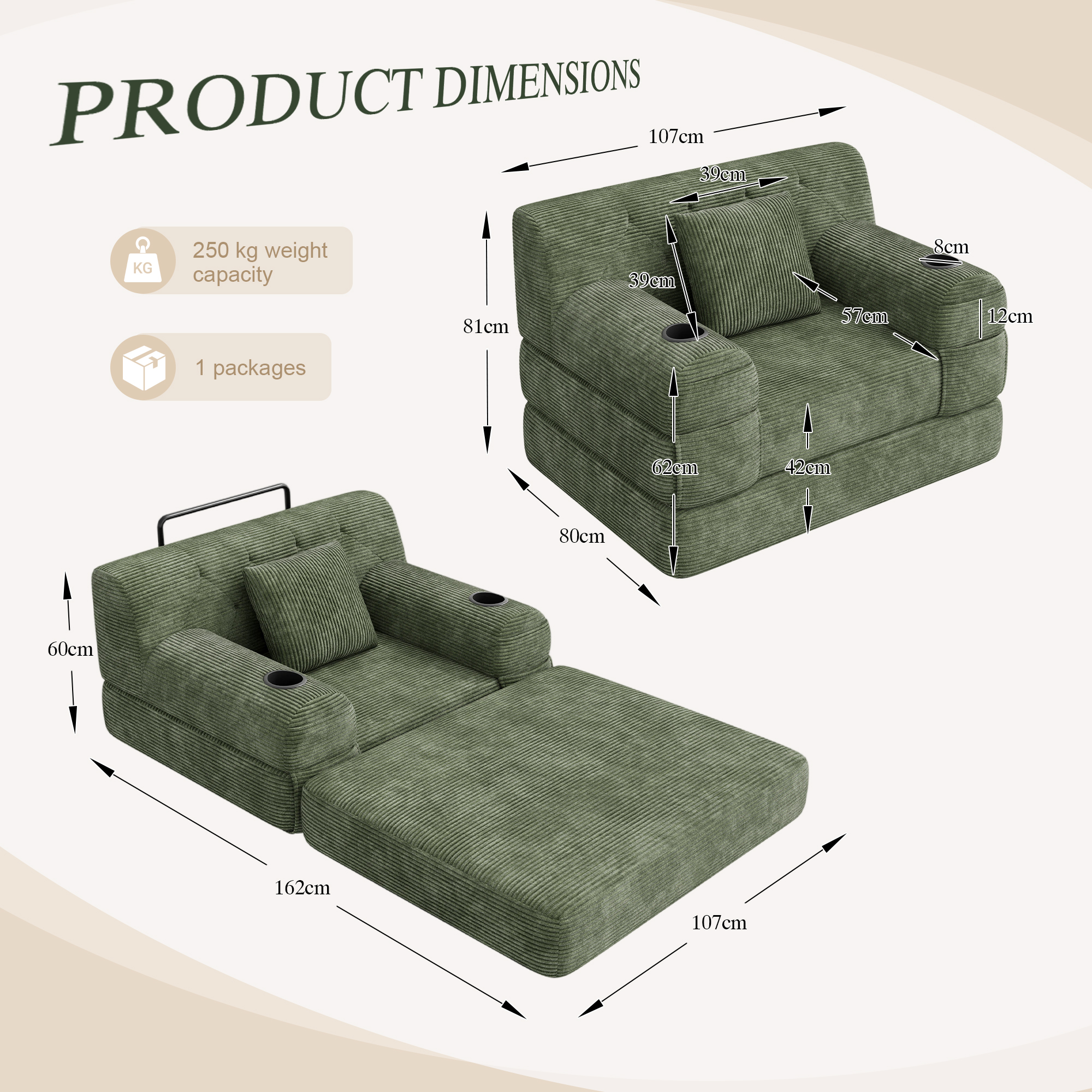 1-Seater Sleeper Sofa, Compressed Corduroy With High Backrest, Metal Frame — image 3