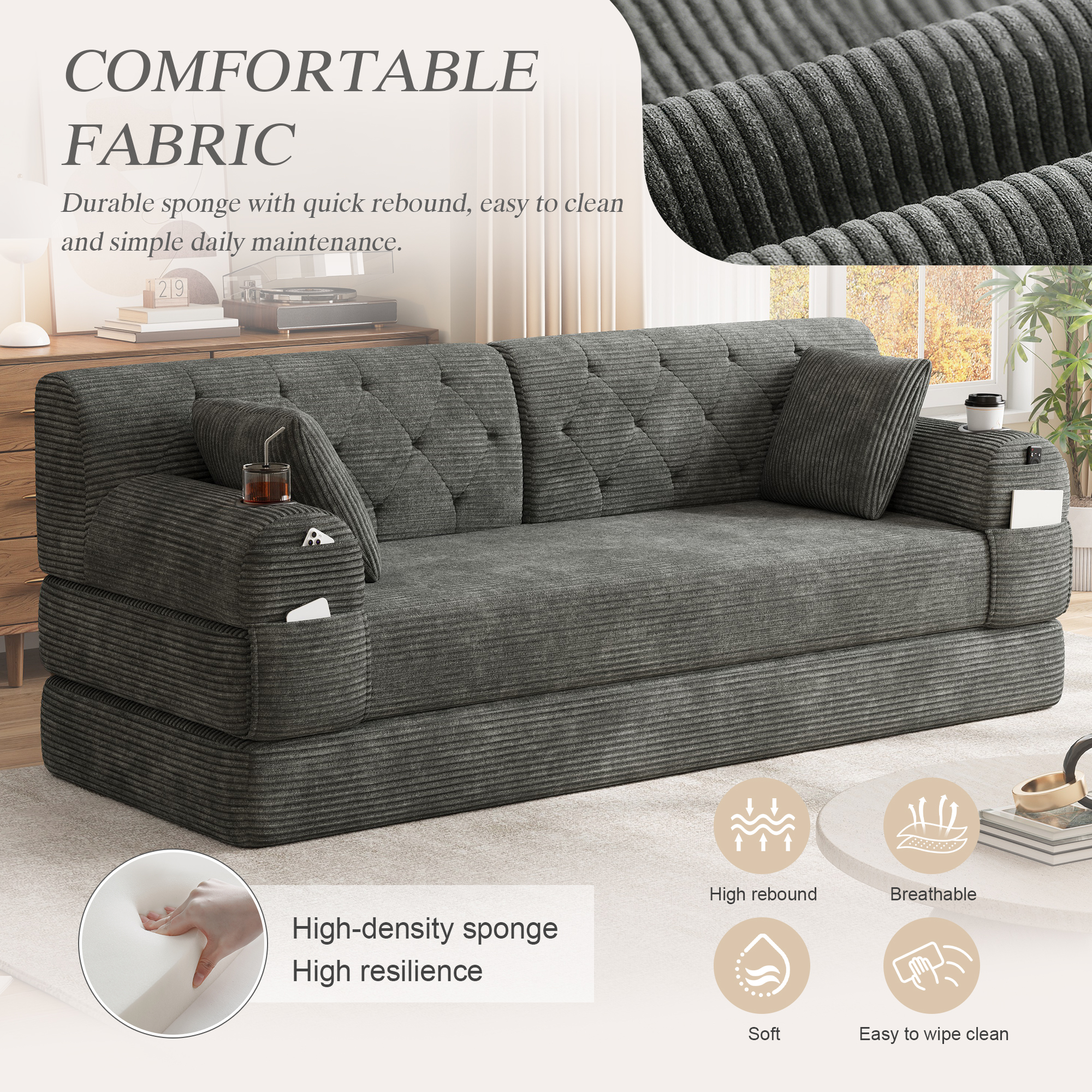 3-Seater Sleeper Sofa, Compressed Corduroy With High Backrest, Metal Frame — image 4