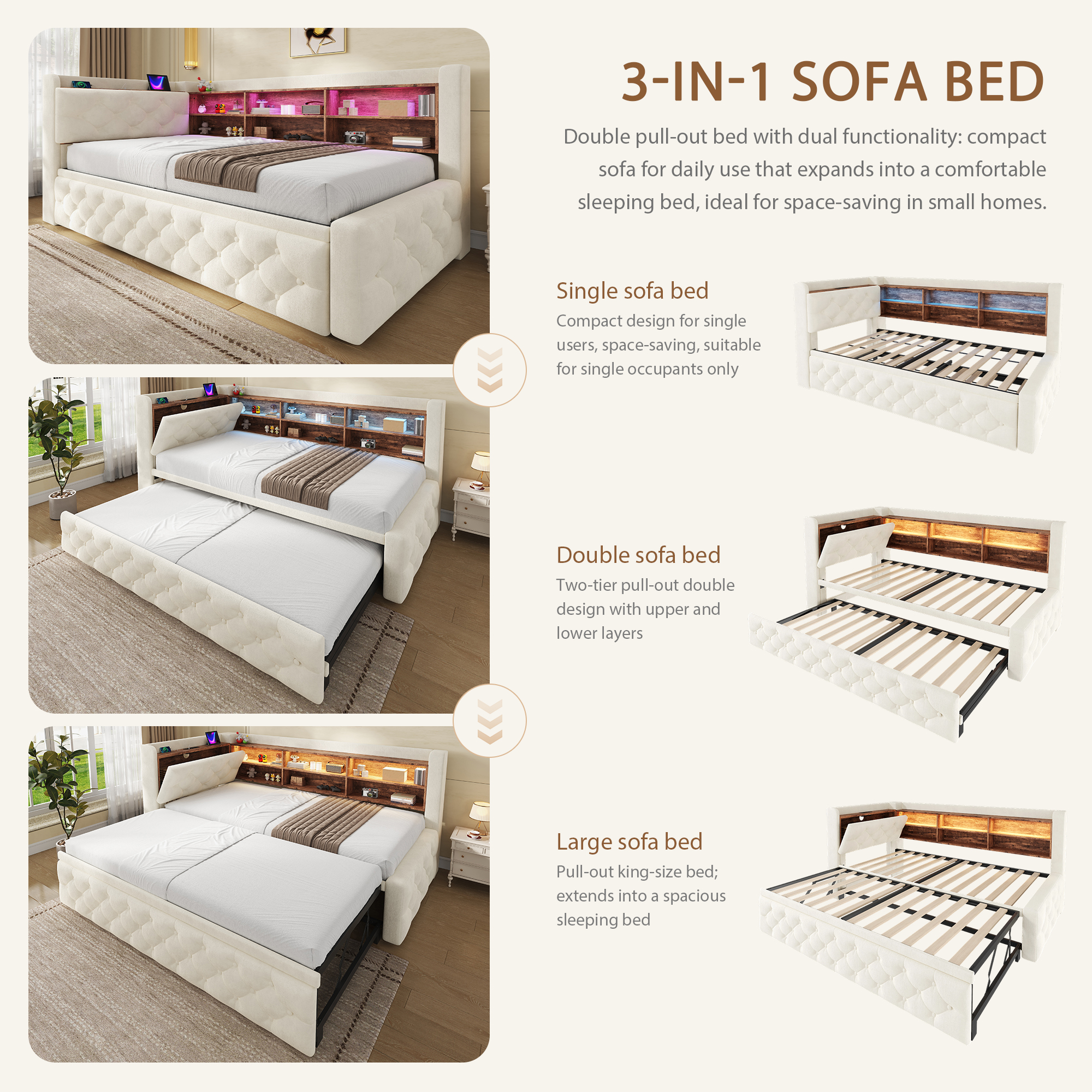 90 X 190 Cm Velvet Sofa Bed Frame, Pull-Out Day With Storage Armrest, Wooden — image 5