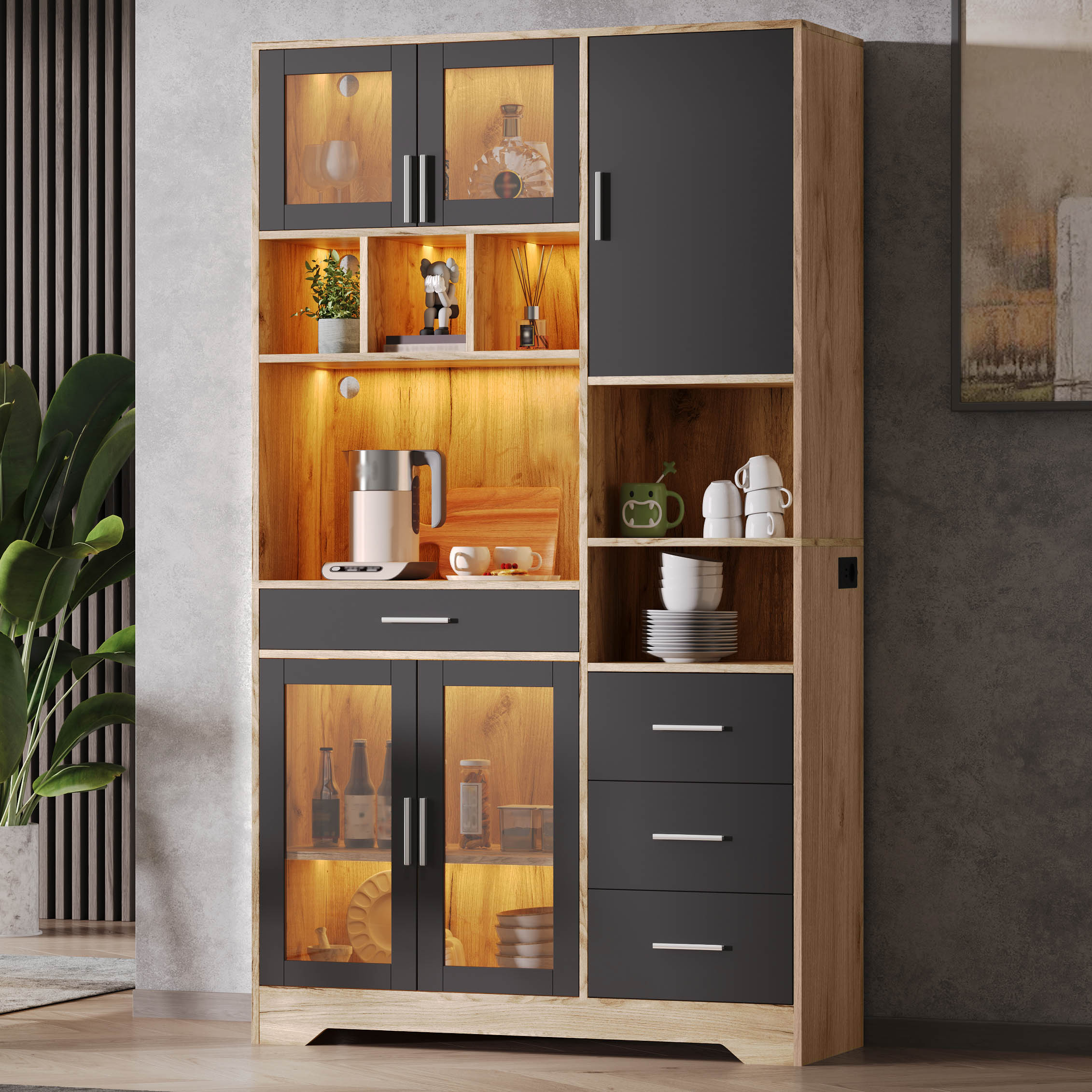 Kitchen Cabinet, Tall Storage Unit And Display With Adjustable Shelves