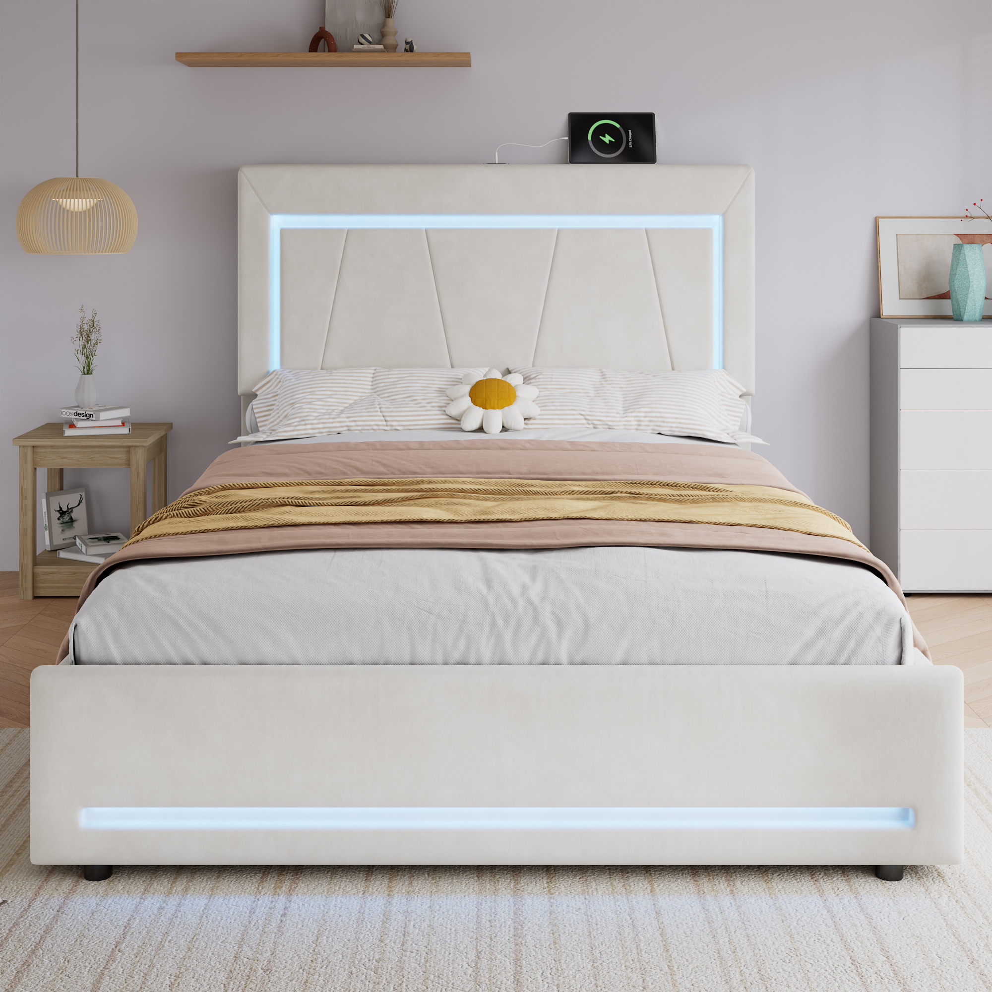 Upholstered Bed, 4ft6 Double 135x190cm, Storage Soft Backrest, 4 Drawers — image 3