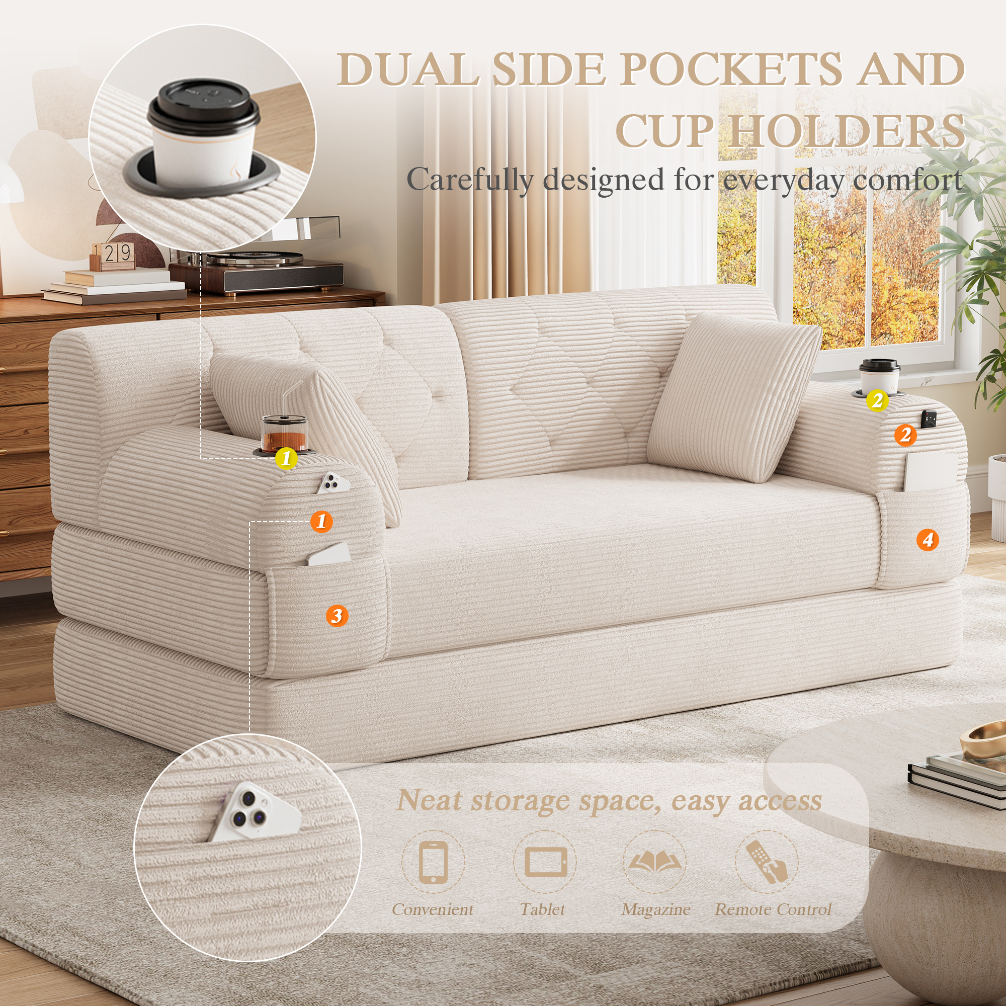 2-Seater Sleeper Sofa, Compressed Corduroy With High Backrest, Metal Frame — image 5