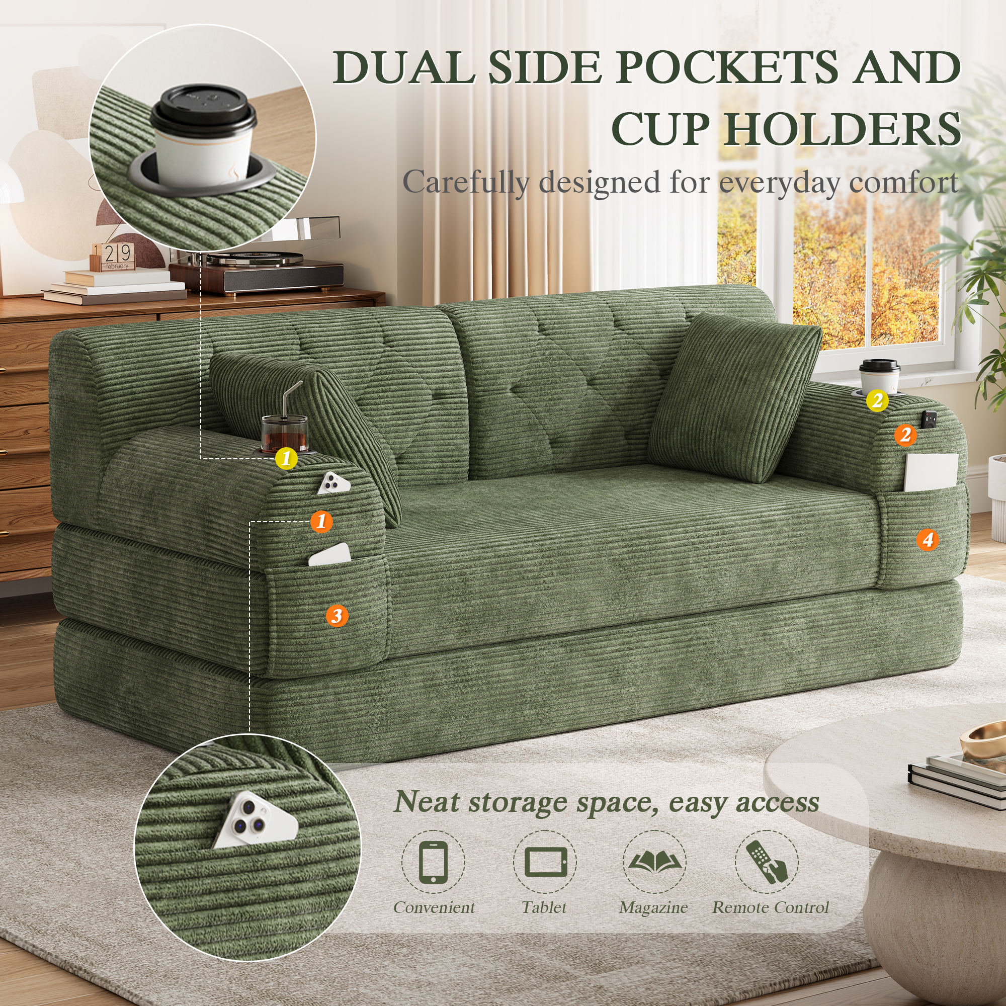 2-Seater Sleeper Sofa, Compressed Corduroy With High Backrest, Metal Frame — image 2