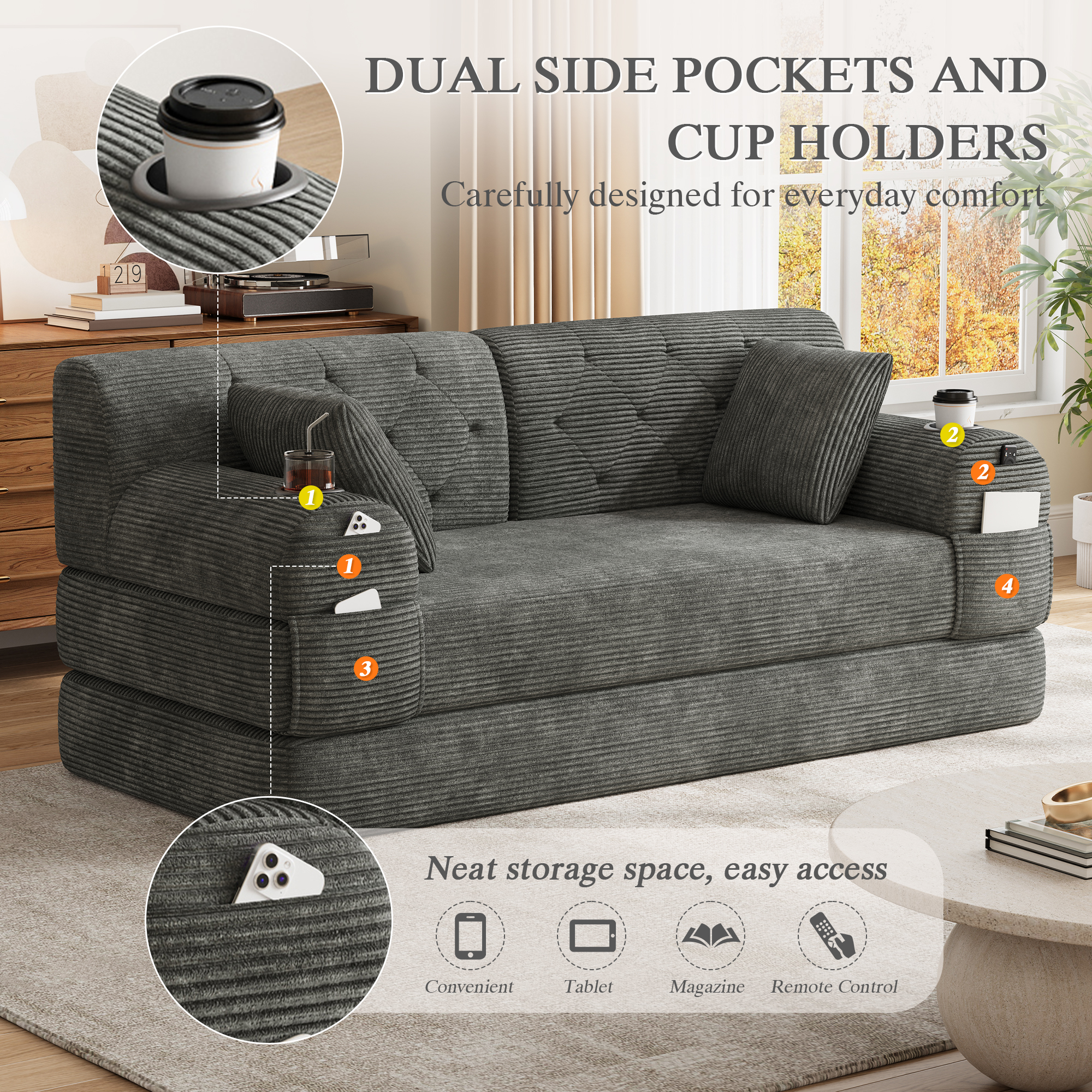 2-Seater Sleeper Sofa, Compressed Corduroy With High Backrest, Metal Frame — image 2
