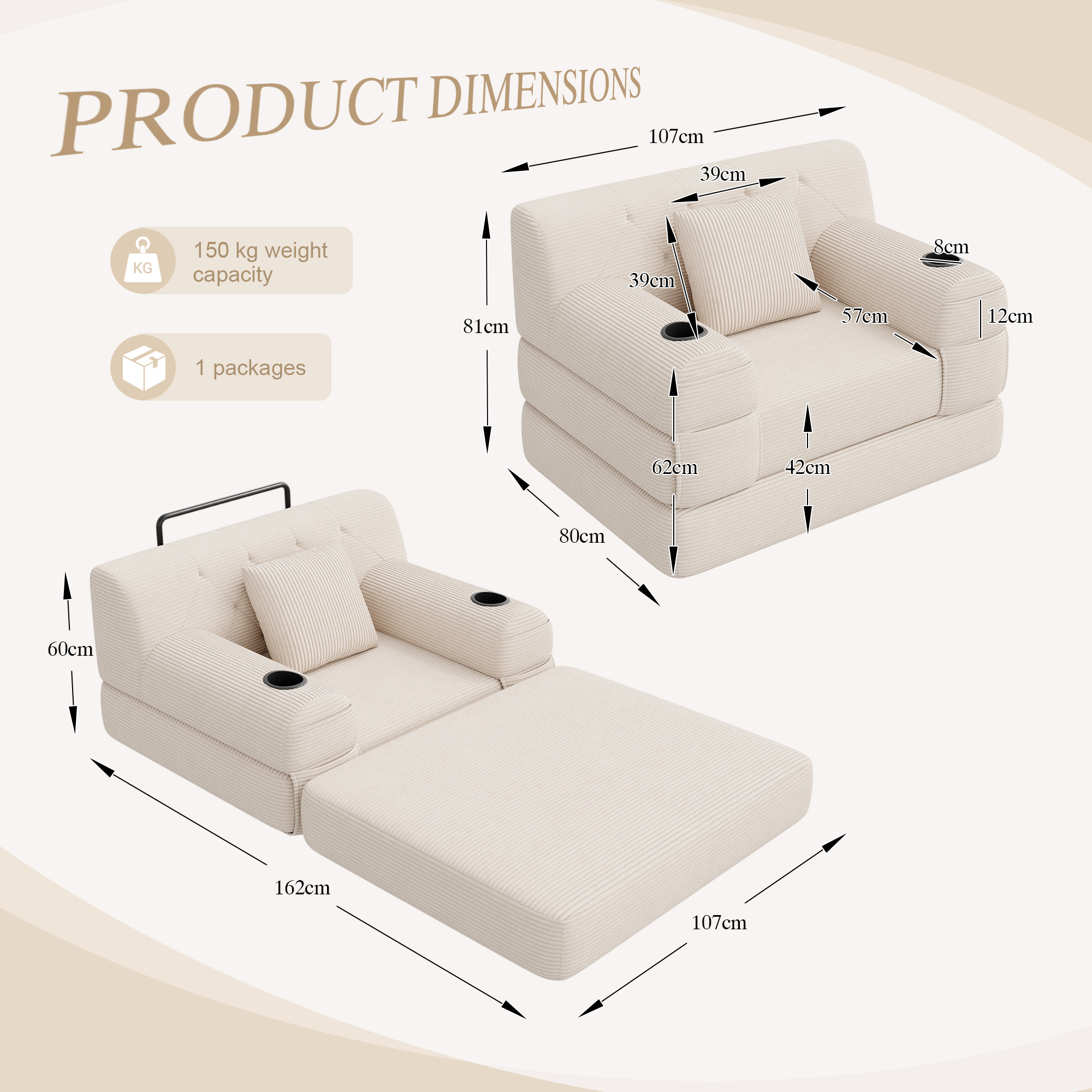 1-Seater Sleeper Sofa, Compressed Corduroy With High Backrest, Metal Frame — image 4