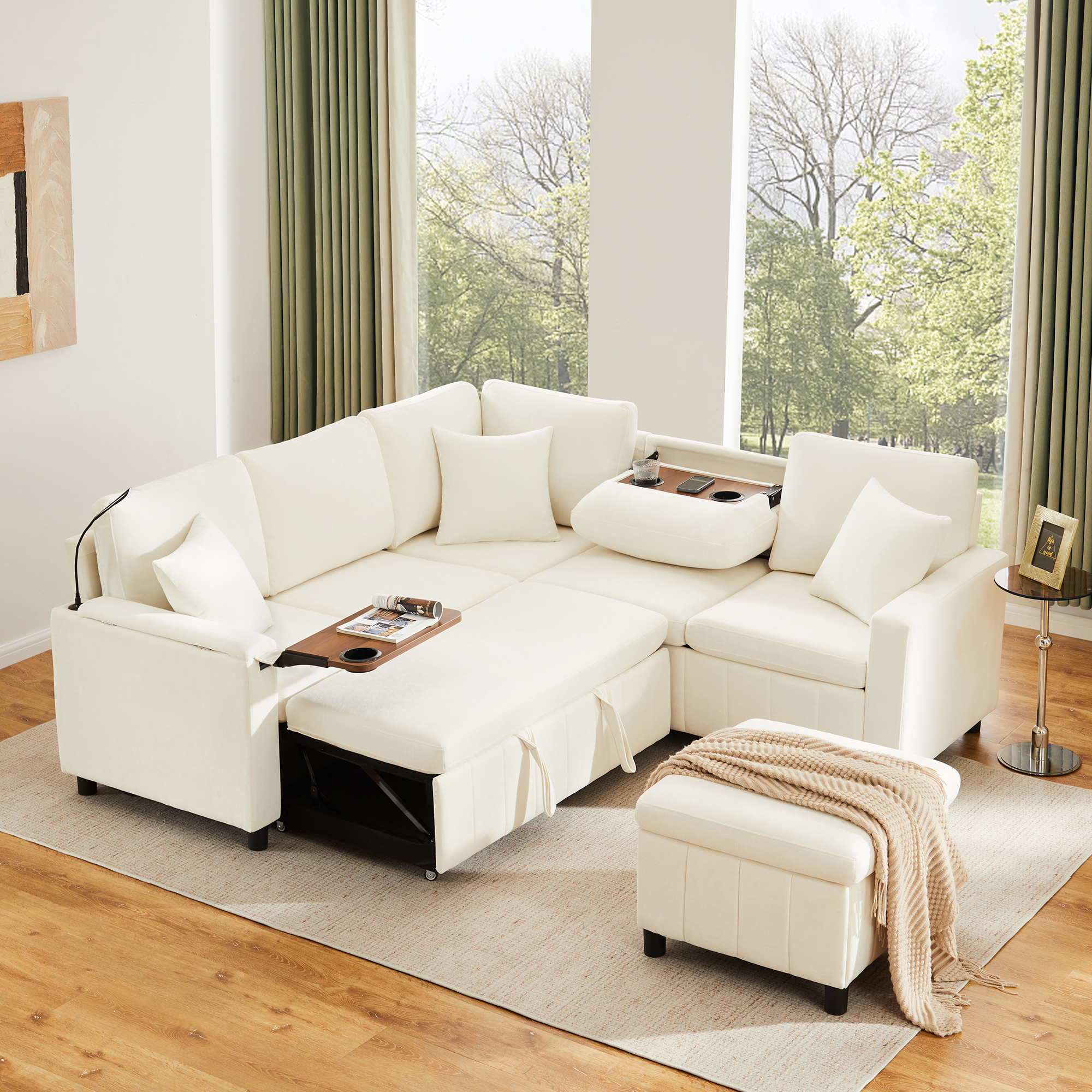 Chenille Corner Sofa With Sleep Function, Pull-out Ottoman, Reading Lamp, USB