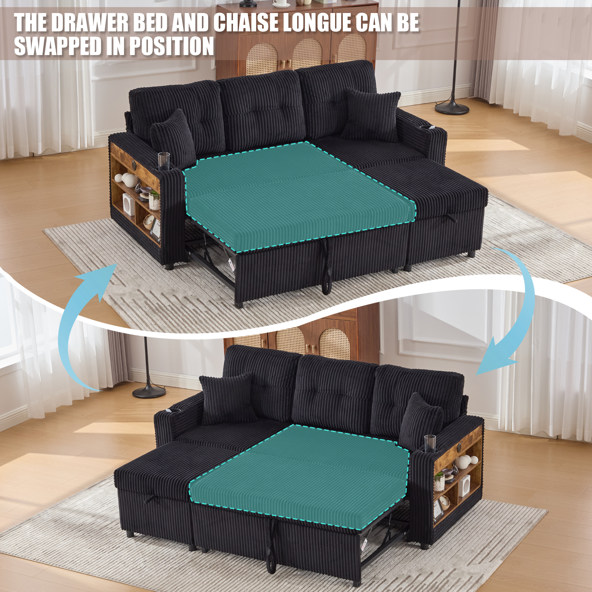 Corduroy Sofa Bed With Storage And Pull-out Featuring USB-C Charging, LED — image 3
