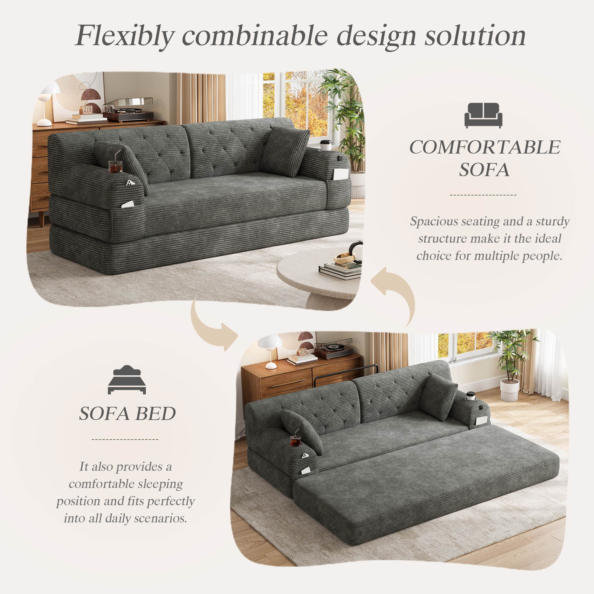 3-Seater Sleeper Sofa, Compressed Corduroy With High Backrest, Metal Frame — image 5