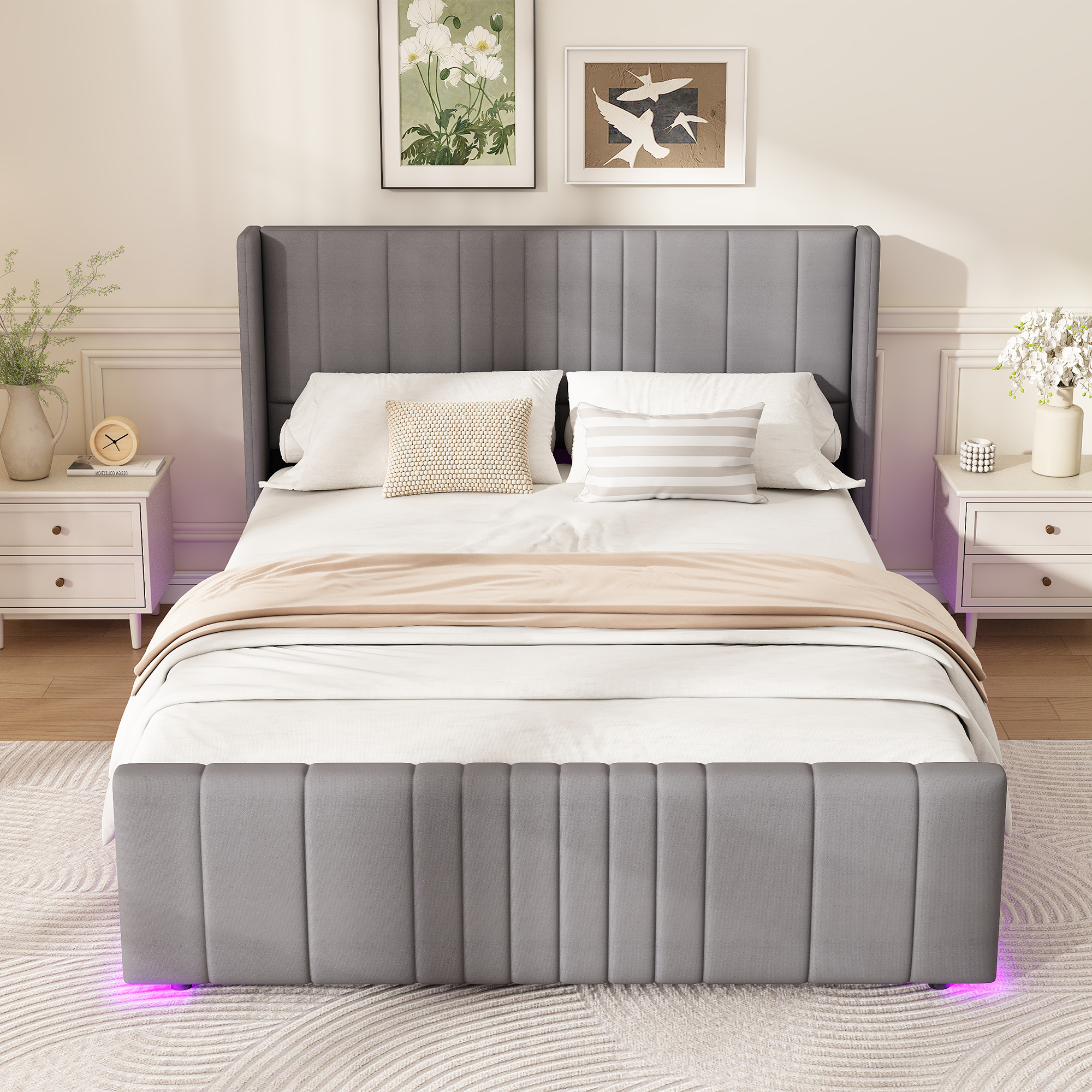 Upholstered Bed, Ottoman Hydraulic With Storage Function, LED Lighting4ft6