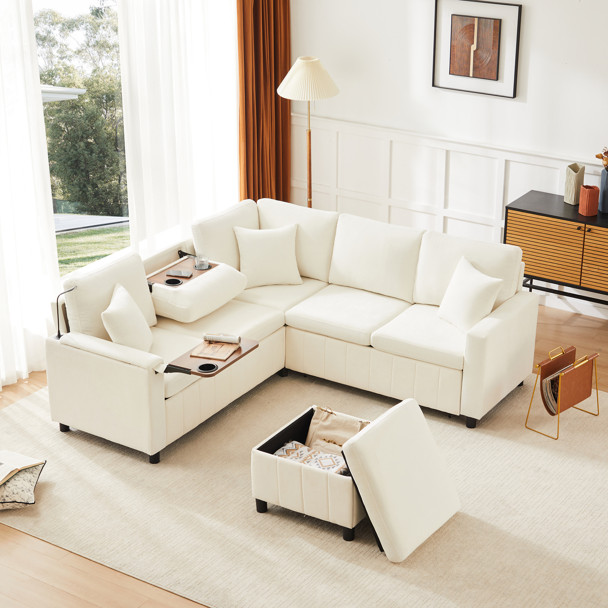 Chenille Corner Sofa With Sleep Function, Pull-out Ottoman, Reading Lamp, USB — image 2