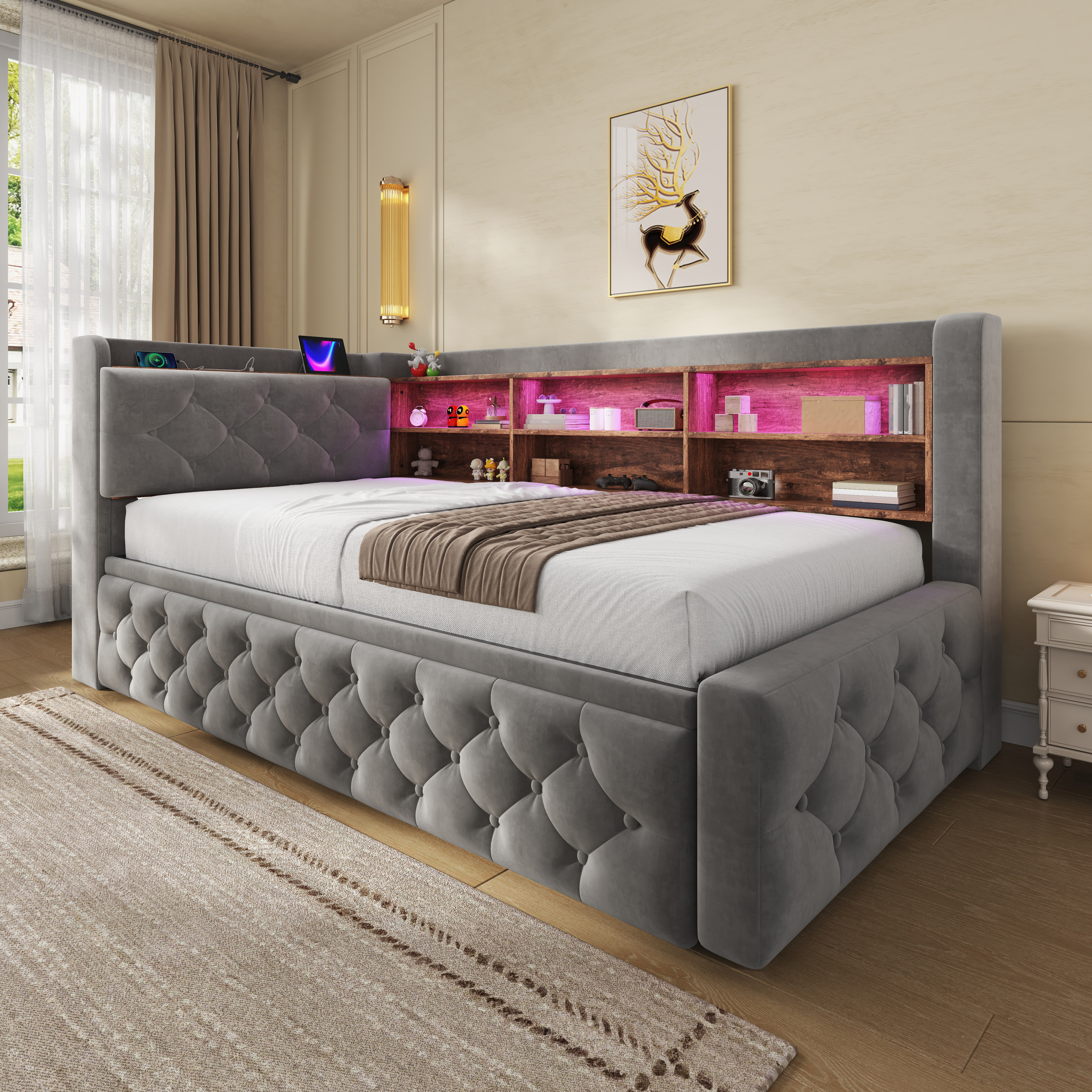 90 X 190 Cm Velvet Sofa Bed Frame, Pull-Out Day With Storage Armrest, Wooden — image 4