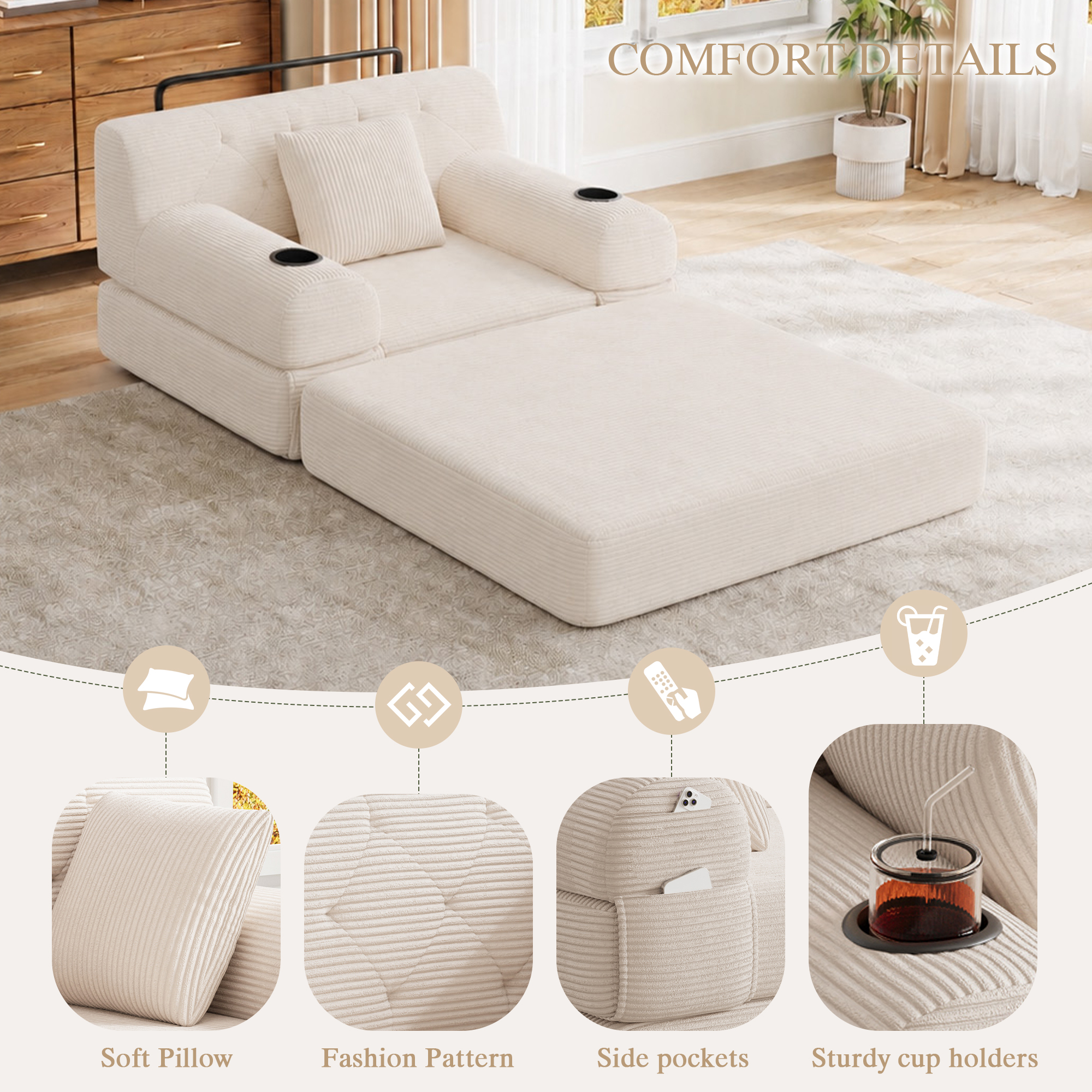 1-Seater Sleeper Sofa, Compressed Corduroy With High Backrest, Metal Frame — image 3