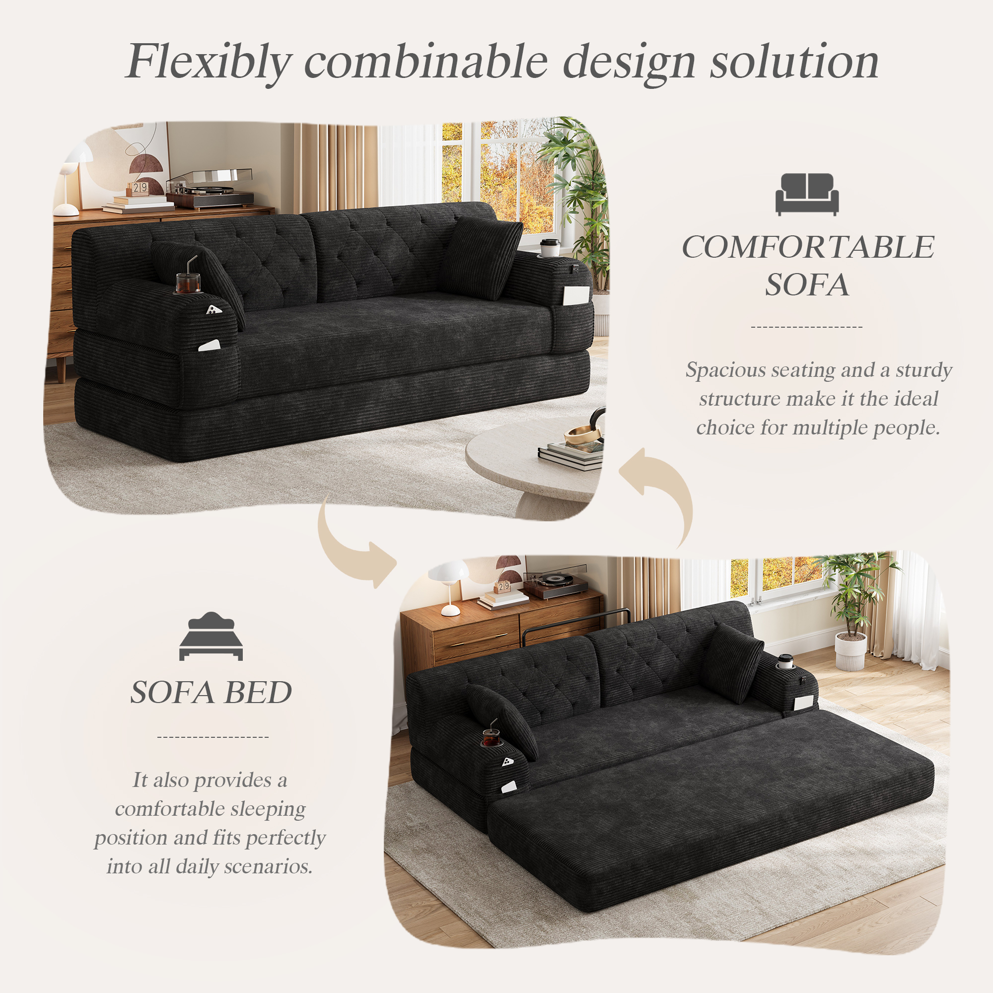 3-Seater Sleeper Sofa, Compressed Corduroy With High Backrest, Metal Frame — image 4