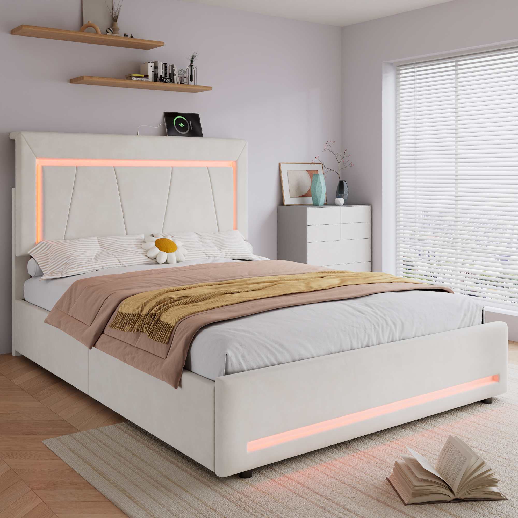 Upholstered Bed, 4ft6 Double 135x190cm, Storage Soft Backrest, 4 Drawers — image 5