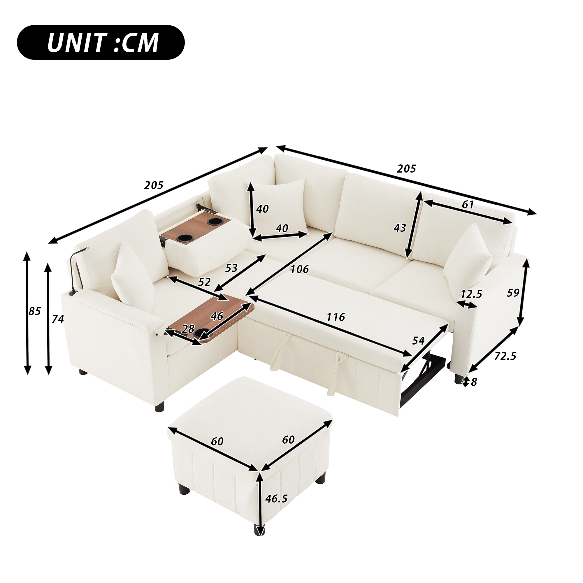 Chenille Corner Sofa With Sleep Function, Pull-out Ottoman, Reading Lamp, USB — image 4
