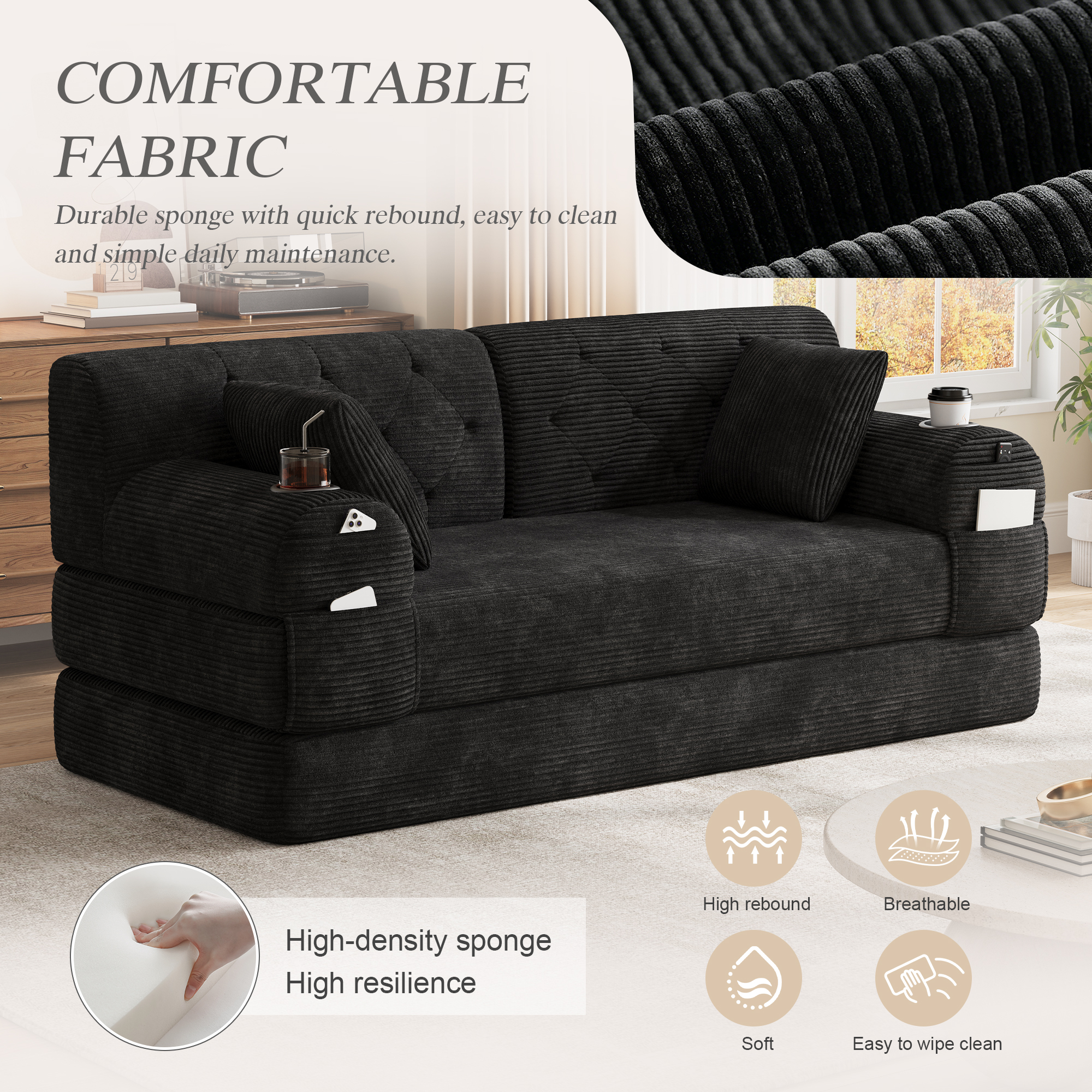 2-Seater Sleeper Sofa, Compressed Corduroy With High Backrest, Metal Frame — image 2