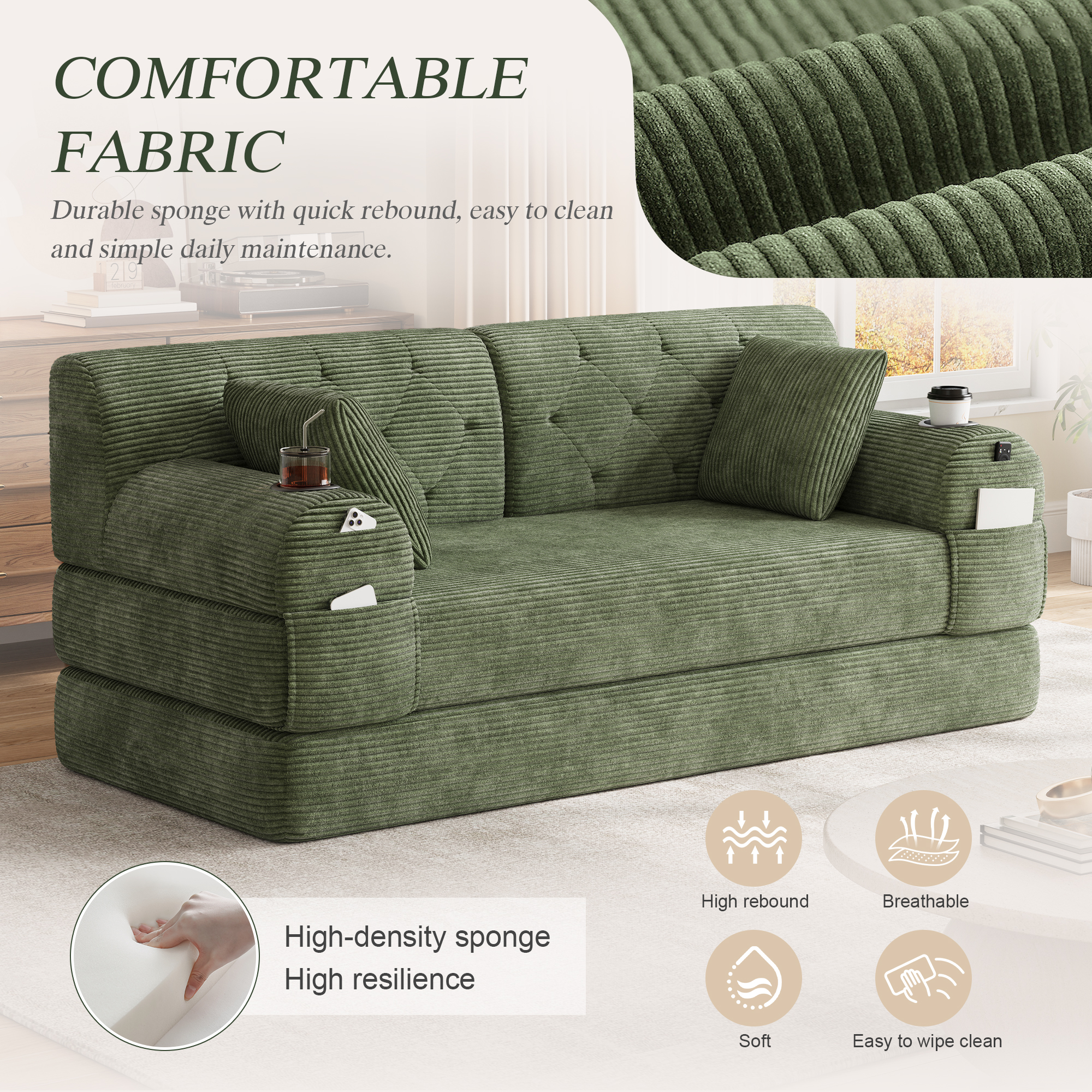 2-Seater Sleeper Sofa, Compressed Corduroy With High Backrest, Metal Frame — image 3