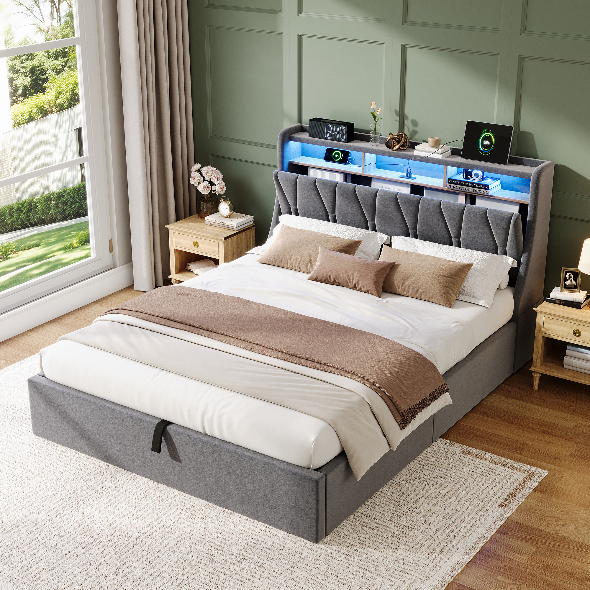 Upholstered Bed, Hydraulic With Storage Function, LED Lighting, 4ft6, Double — image 2