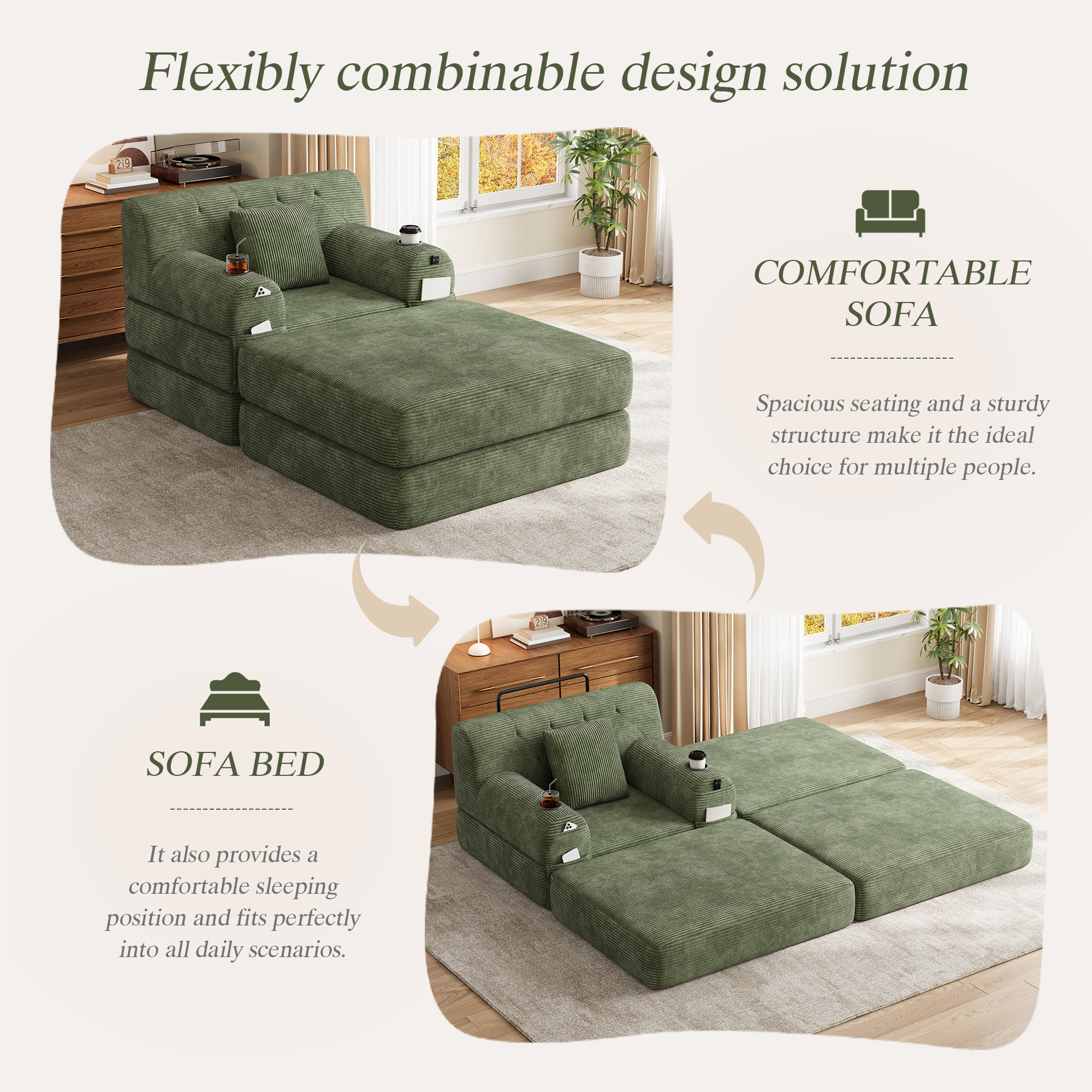 Cord Sleeper Chair With Ottoman, Convertible 1-Seater Sofa Bed, Compressed — image 4