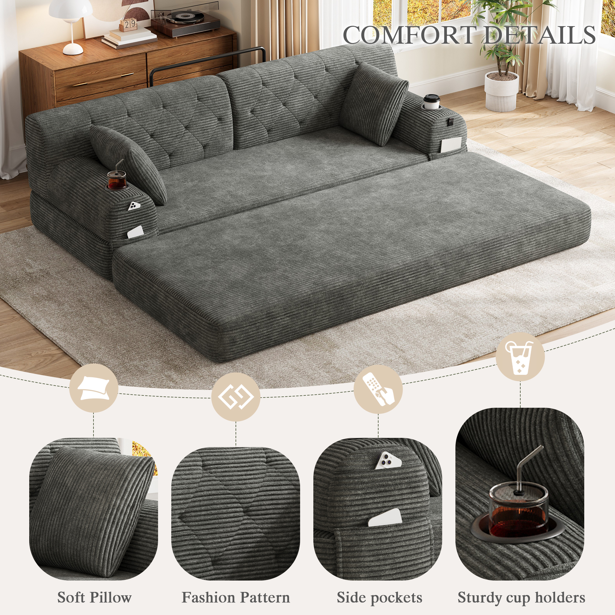 3-Seater Sleeper Sofa, Compressed Corduroy With High Backrest, Metal Frame — image 3