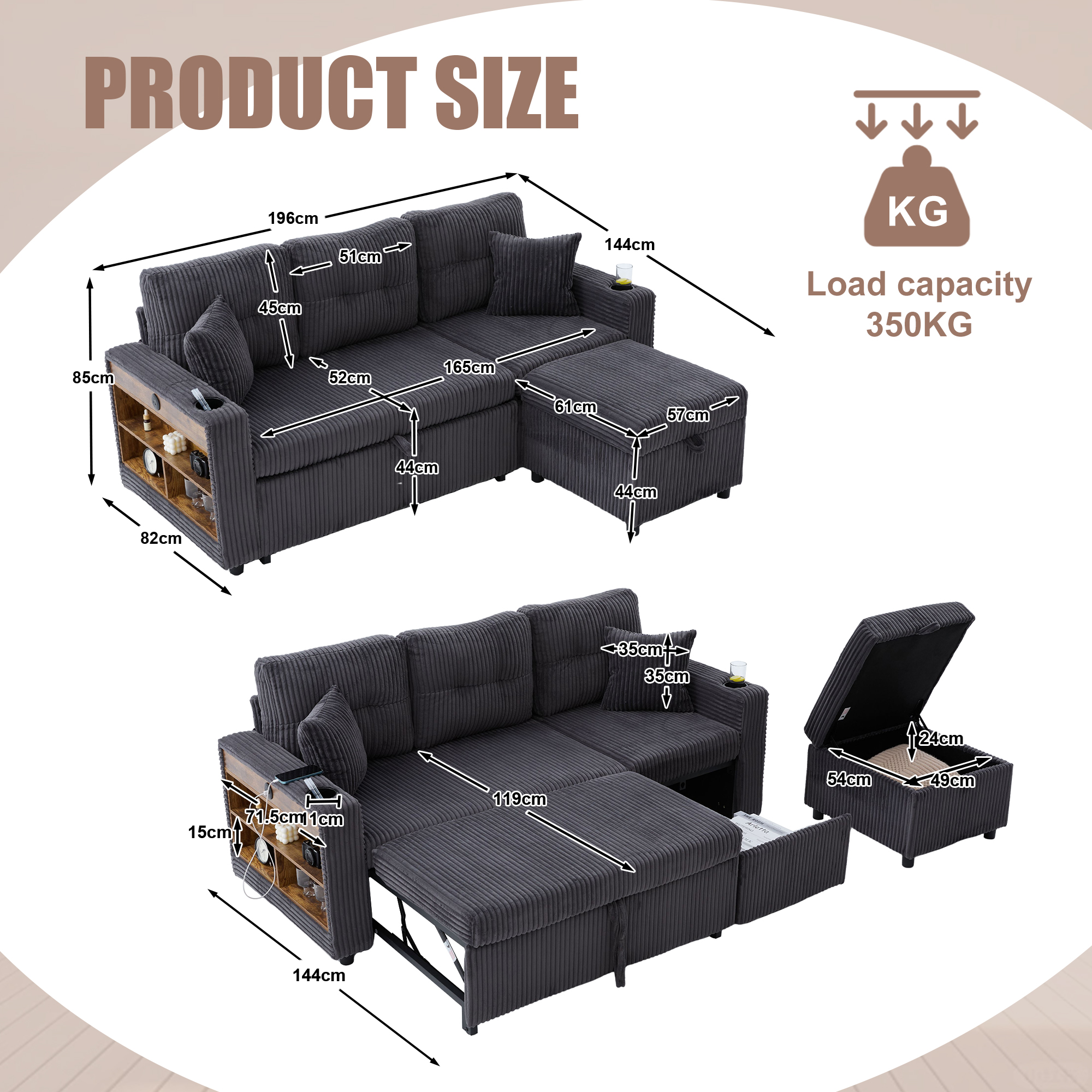 Corduroy Sofa Bed With Storage And Pull-out Featuring USB-C Charging, LED — image 4
