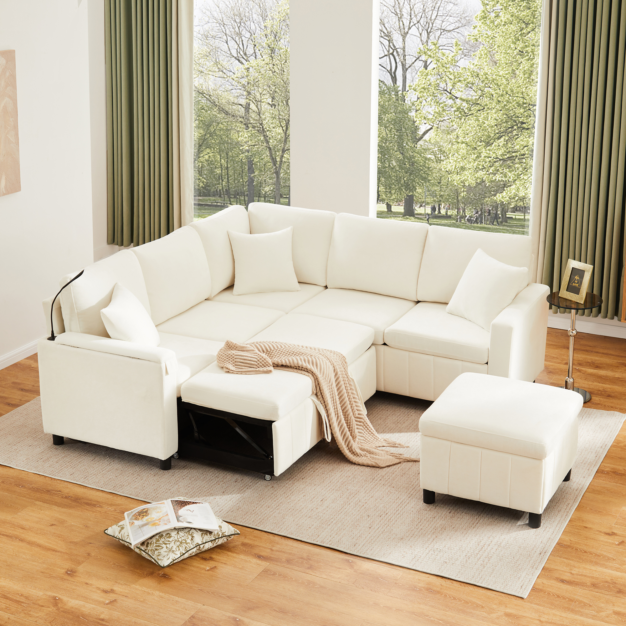 Chenille Corner Sofa With Sleep Function, Pull-out Sofa With Ottoman, Reading Lamp, USB & Type-C Ports, Equipped With A Hidden Table, Fold-out Coffee 
