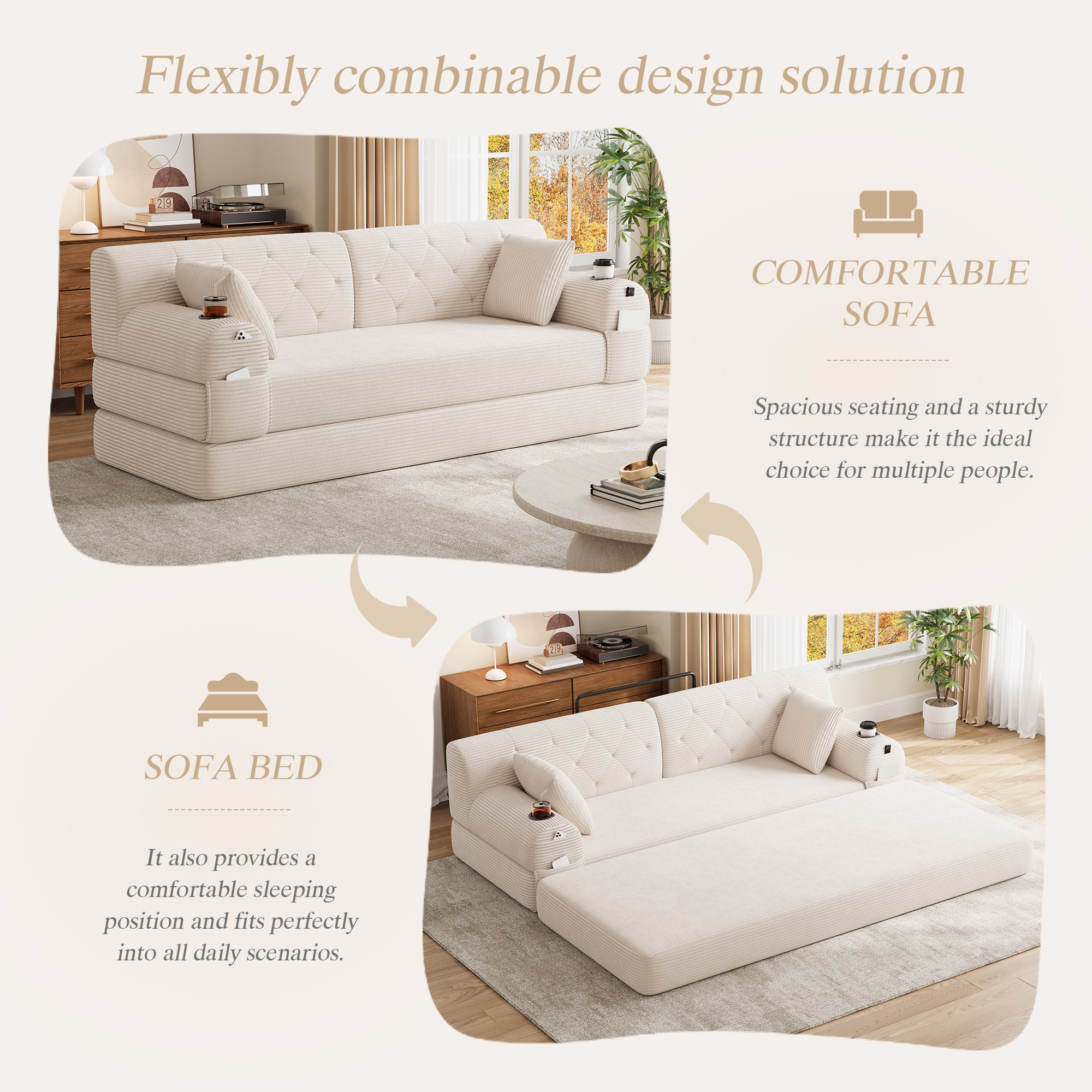 3-Seater Sleeper Sofa, Compressed Corduroy With High Backrest, Metal Frame — image 5