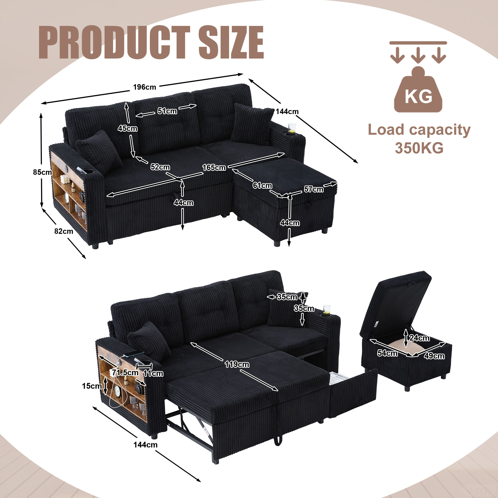 Corduroy Sofa Bed With Storage And Pull-out Featuring USB-C Charging, LED — image 5