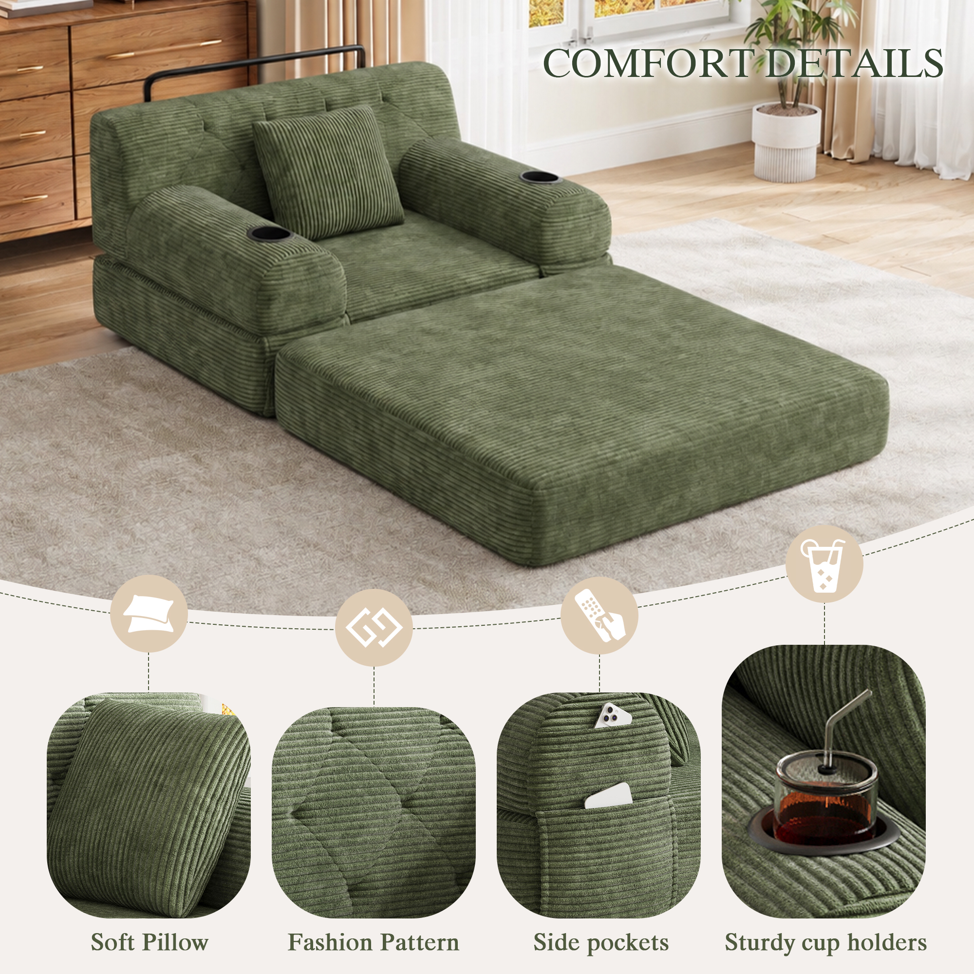 1-Seater Sleeper Sofa, Compressed Corduroy With High Backrest, Metal Frame — image 4