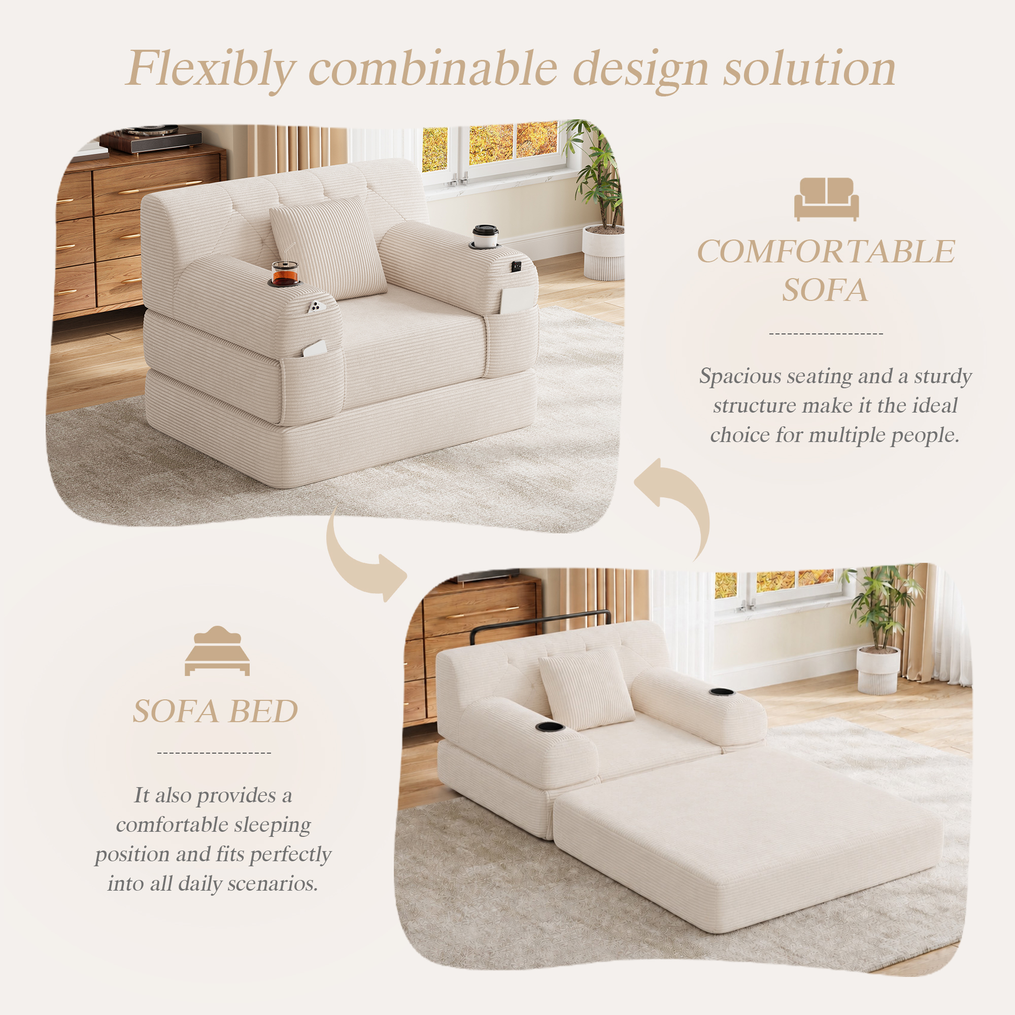 1-Seater Sleeper Sofa, Compressed Corduroy With High Backrest, Metal Frame — image 2