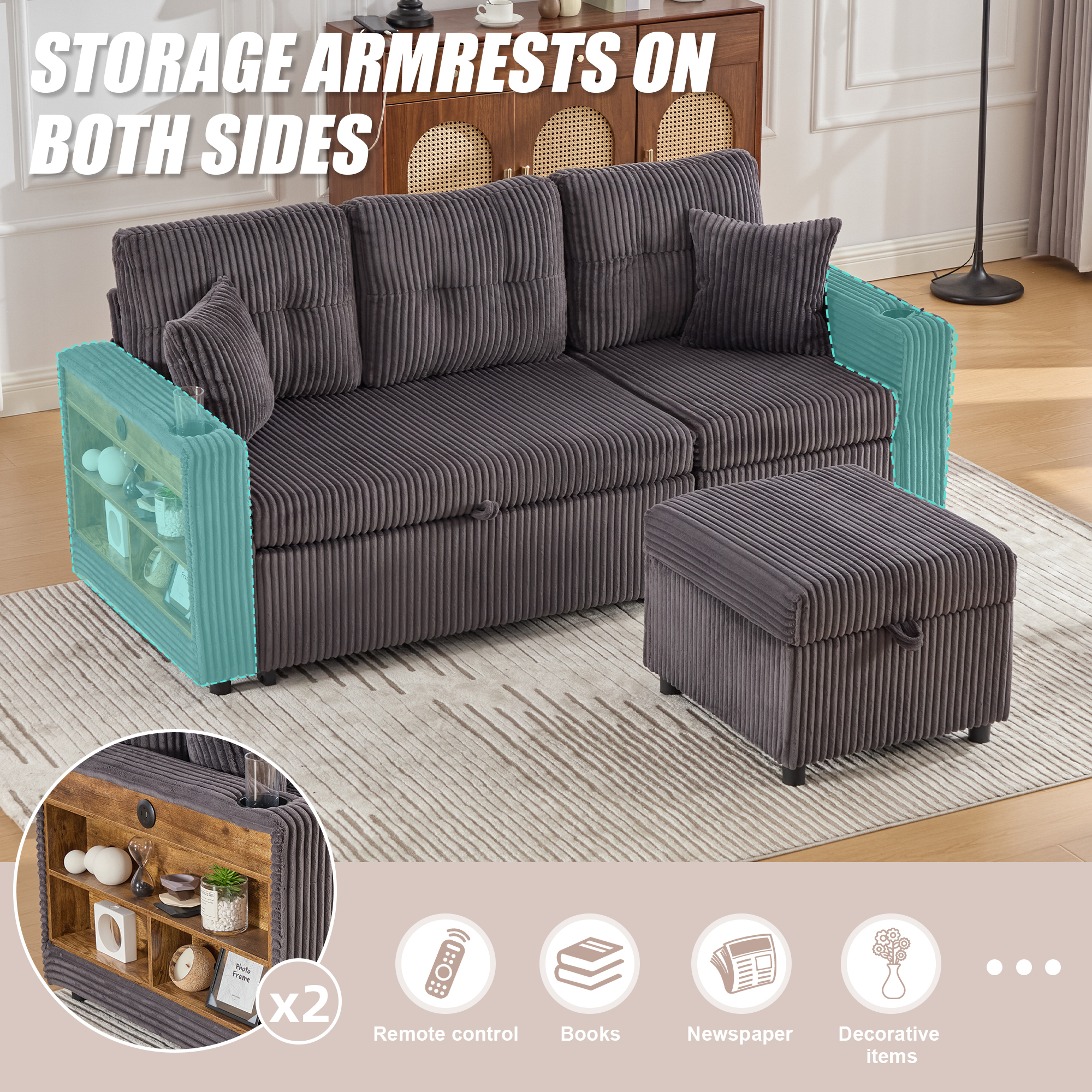 Corduroy Sofa Bed With Storage And Pull-out Featuring USB-C Charging, LED — image 5