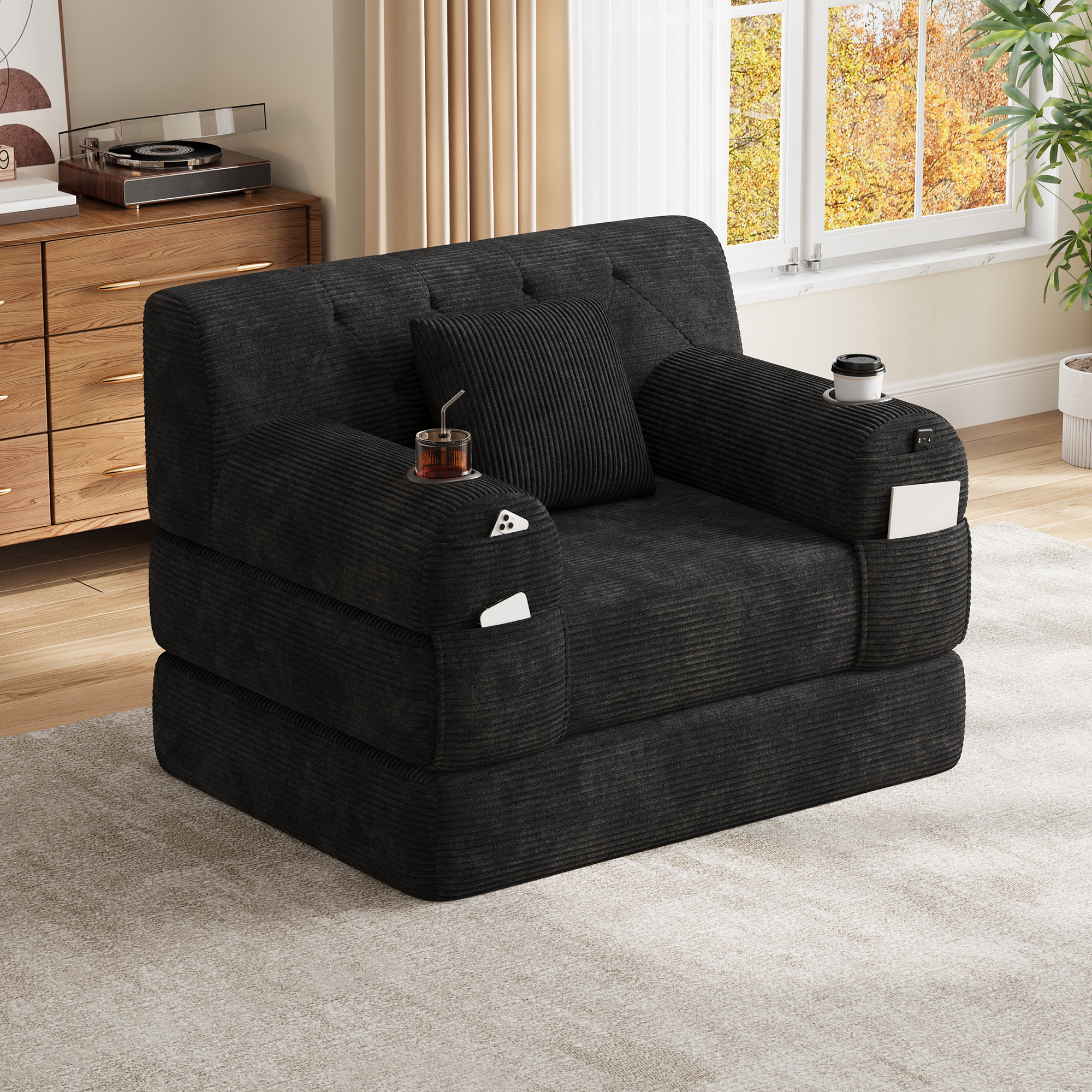 1-Seater Sleeper Sofa, Compressed Corduroy With High Backrest, Metal Frame — image 2