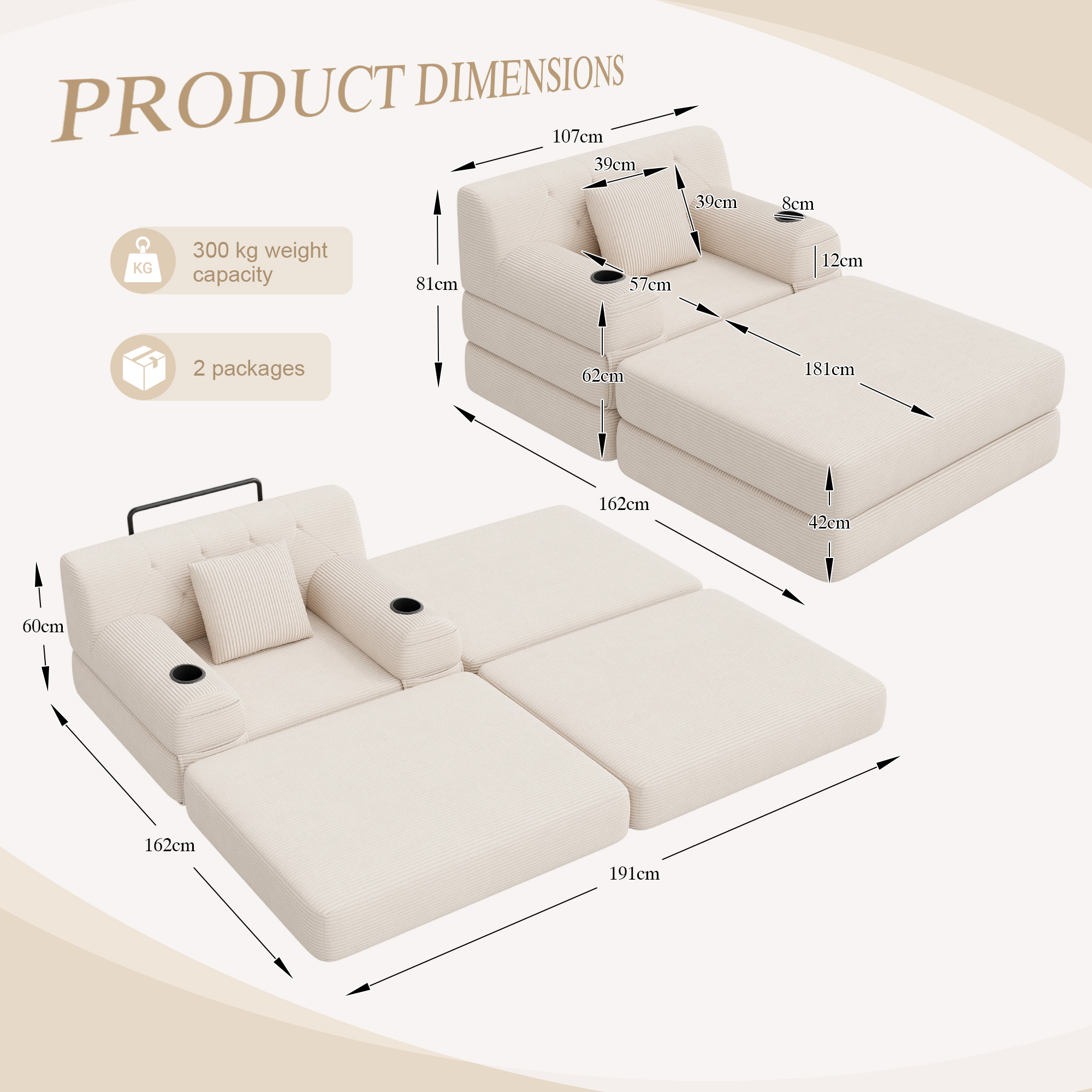 Cord Sleeper Chair With Ottoman, Convertible 1-Seater Sofa Bed, Compressed — image 5