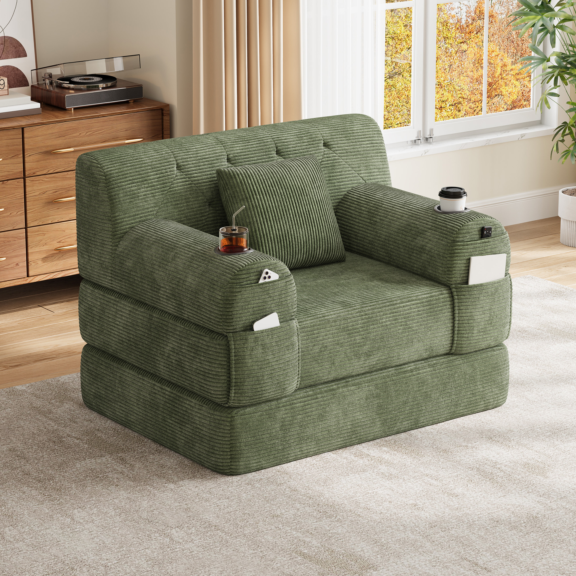 1-Seater Sleeper Sofa, Compressed Corduroy With High Backrest, Metal Frame