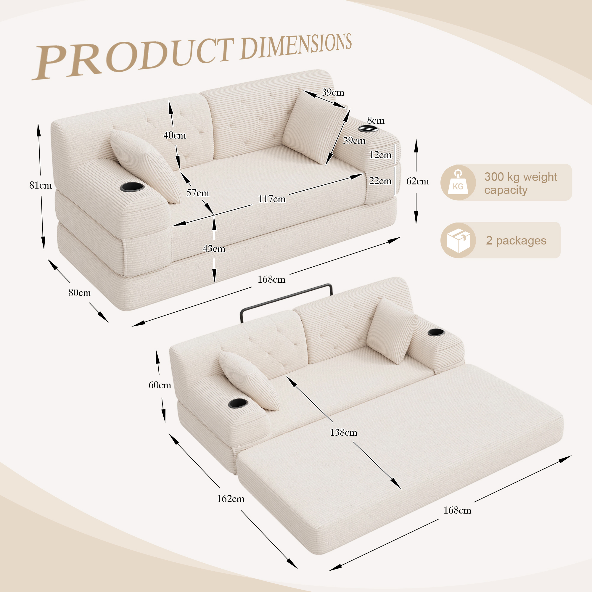 2-Seater Sleeper Sofa, Compressed Corduroy With High Backrest, Metal Frame — image 2