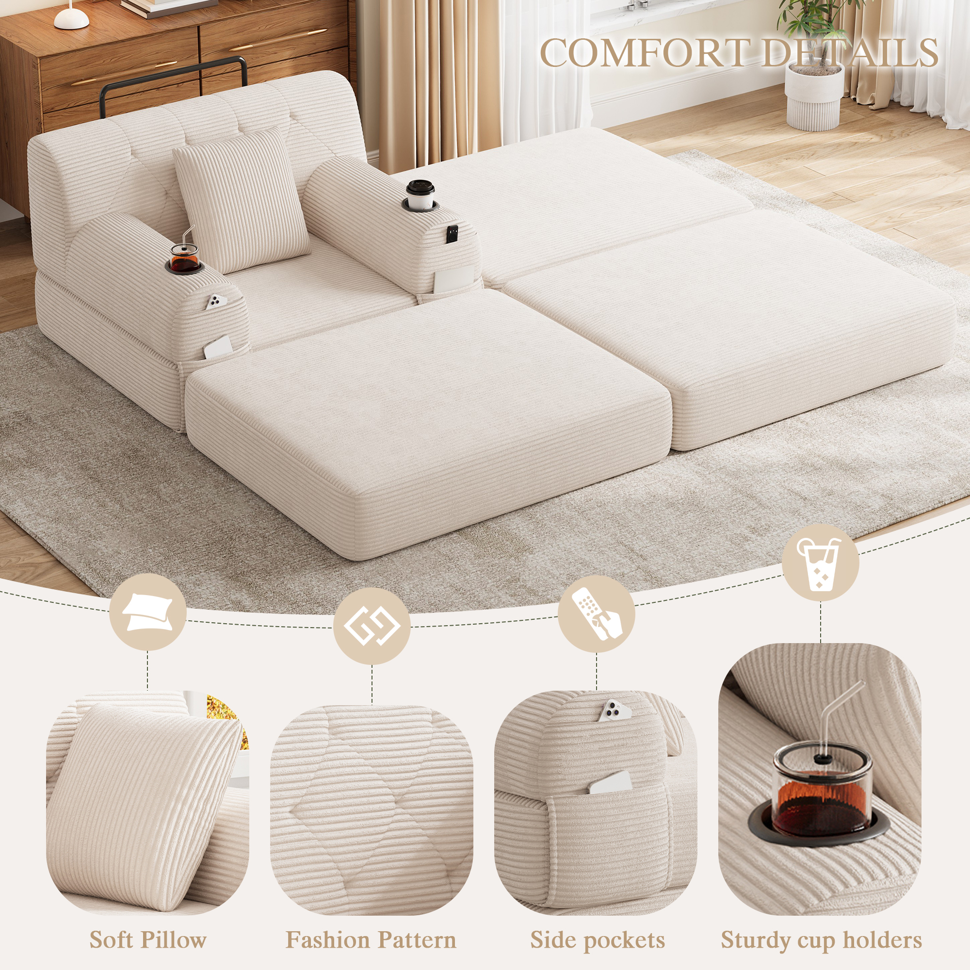 Cord Sleeper Chair With Ottoman, Convertible 1-Seater Sofa Bed, Compressed — image 2