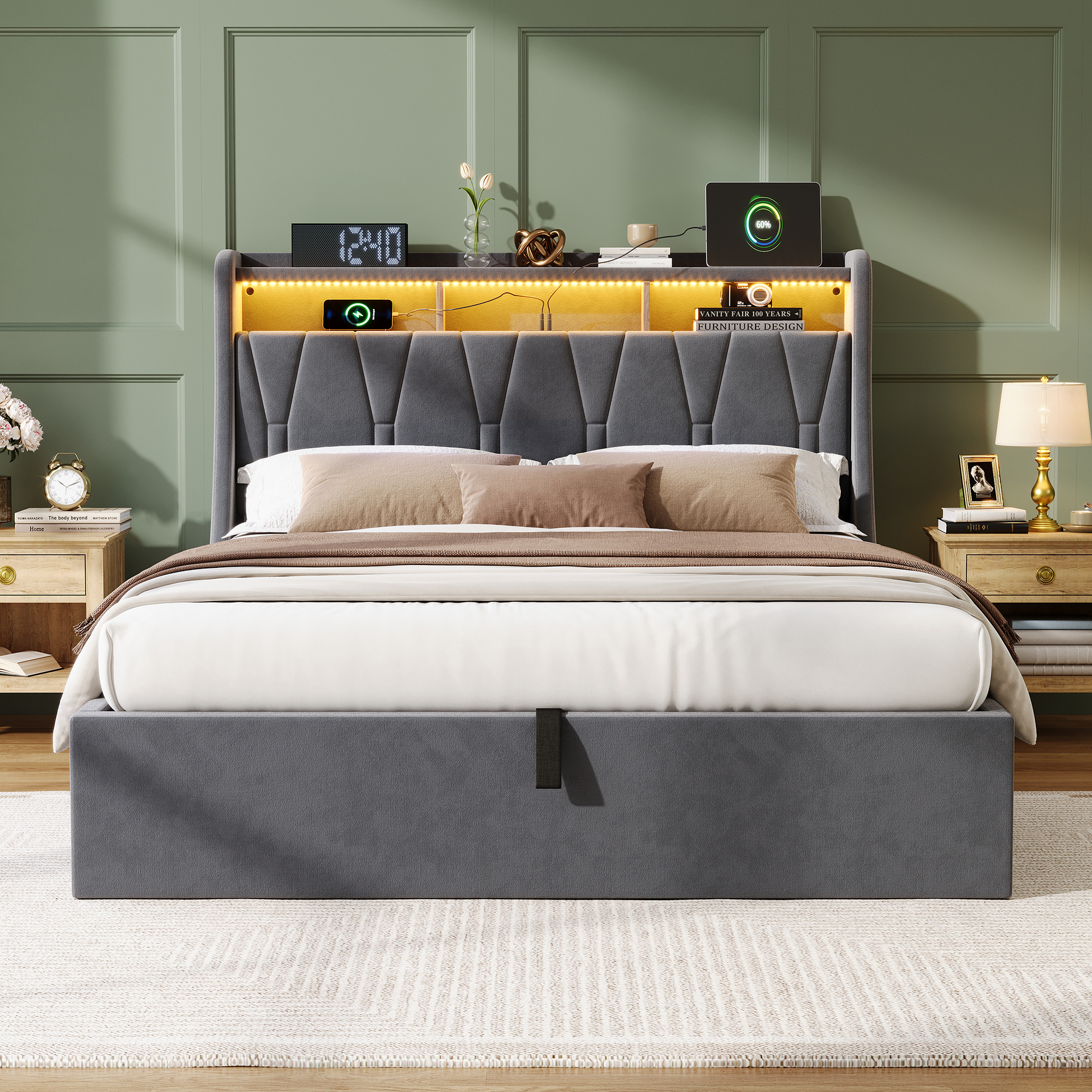 Upholstered Bed, Hydraulic With Storage Function, LED Lighting, 4ft6, Double