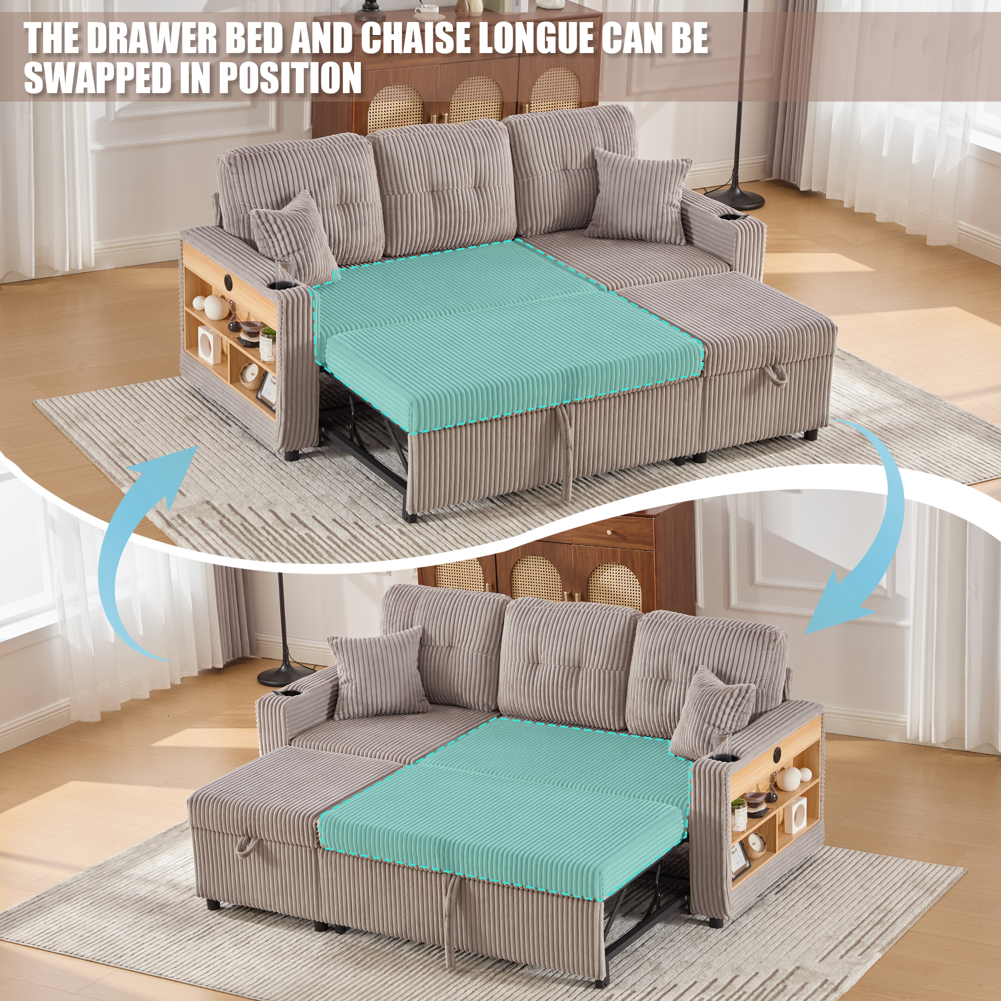 Corduroy Sofa Bed With Storage And Pull-out Featuring USB-C Charging, LED — image 2