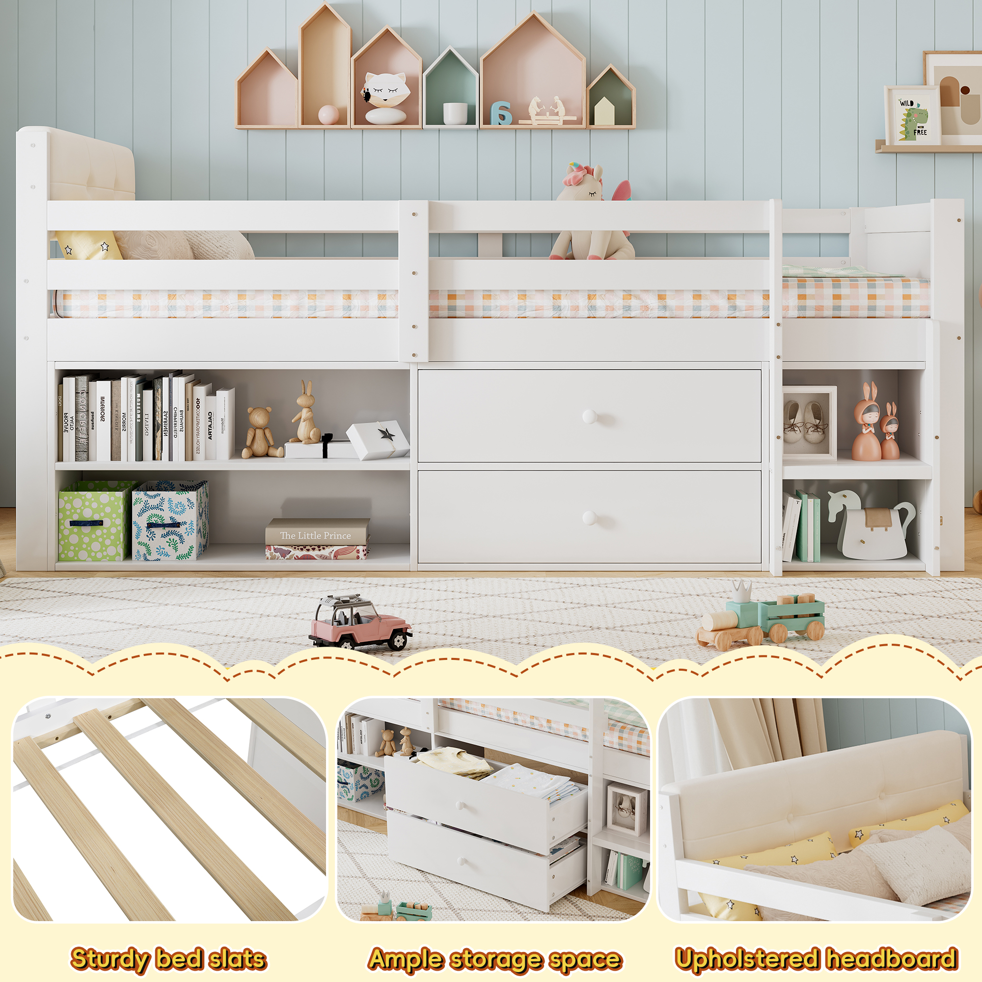 Wooden Bed, Storage , Children's 3ft Single 90x190cm, Safety Guardrail, Two — image 3