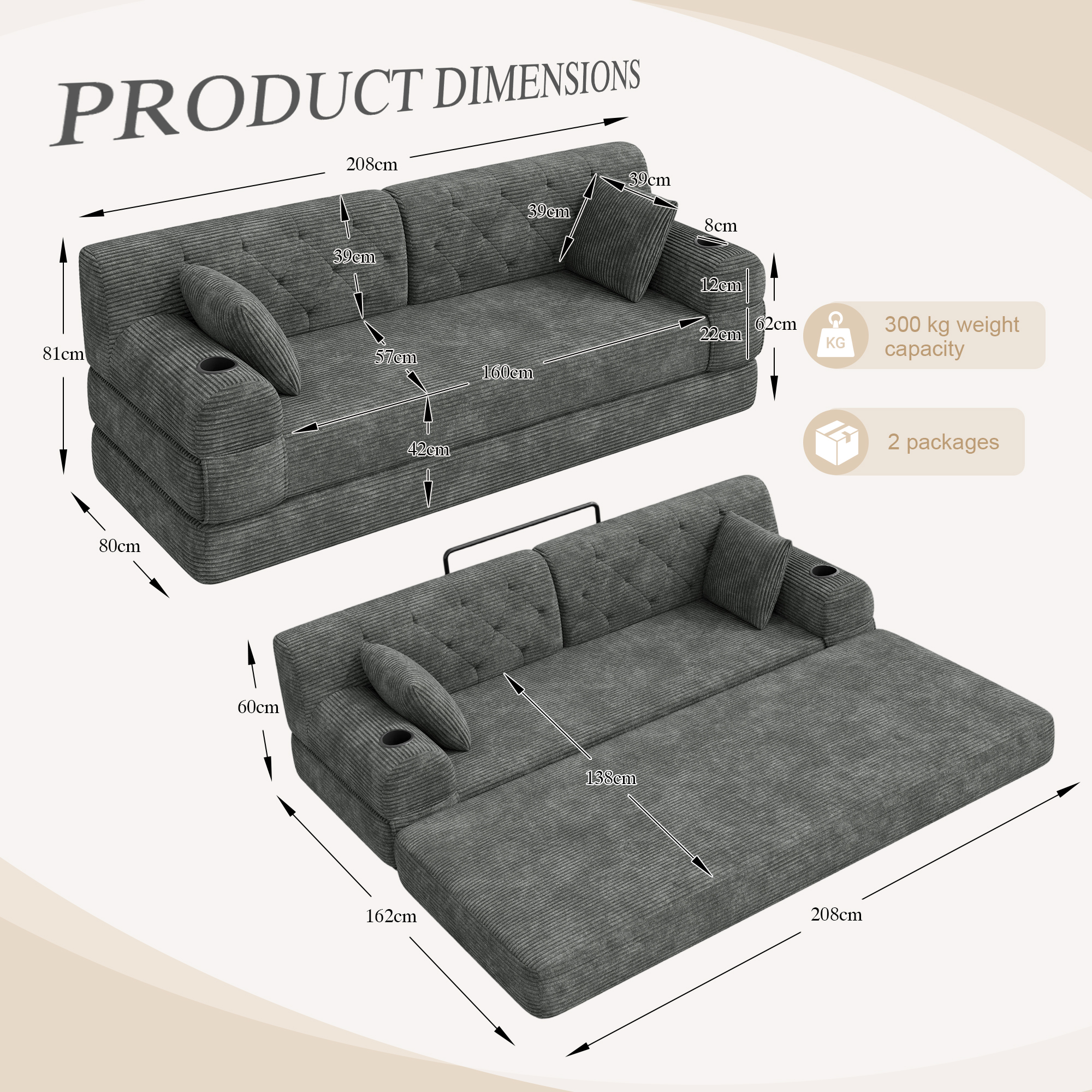 3-Seater Sleeper Sofa, Compressed Corduroy With High Backrest, Metal Frame — image 2