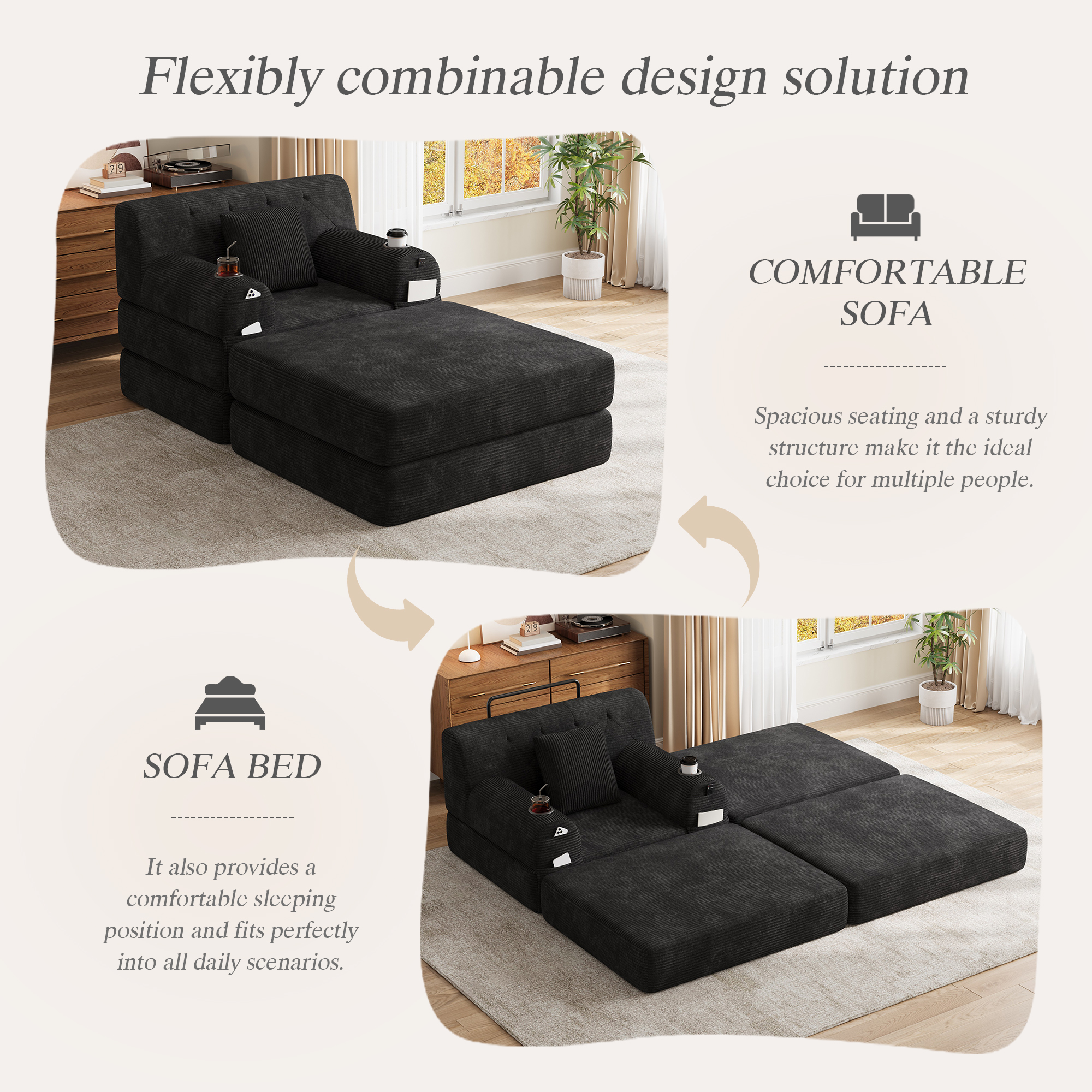 Cord Sleeper Chair With Ottoman, Convertible 1-Seater Sofa Bed, Compressed — image 3