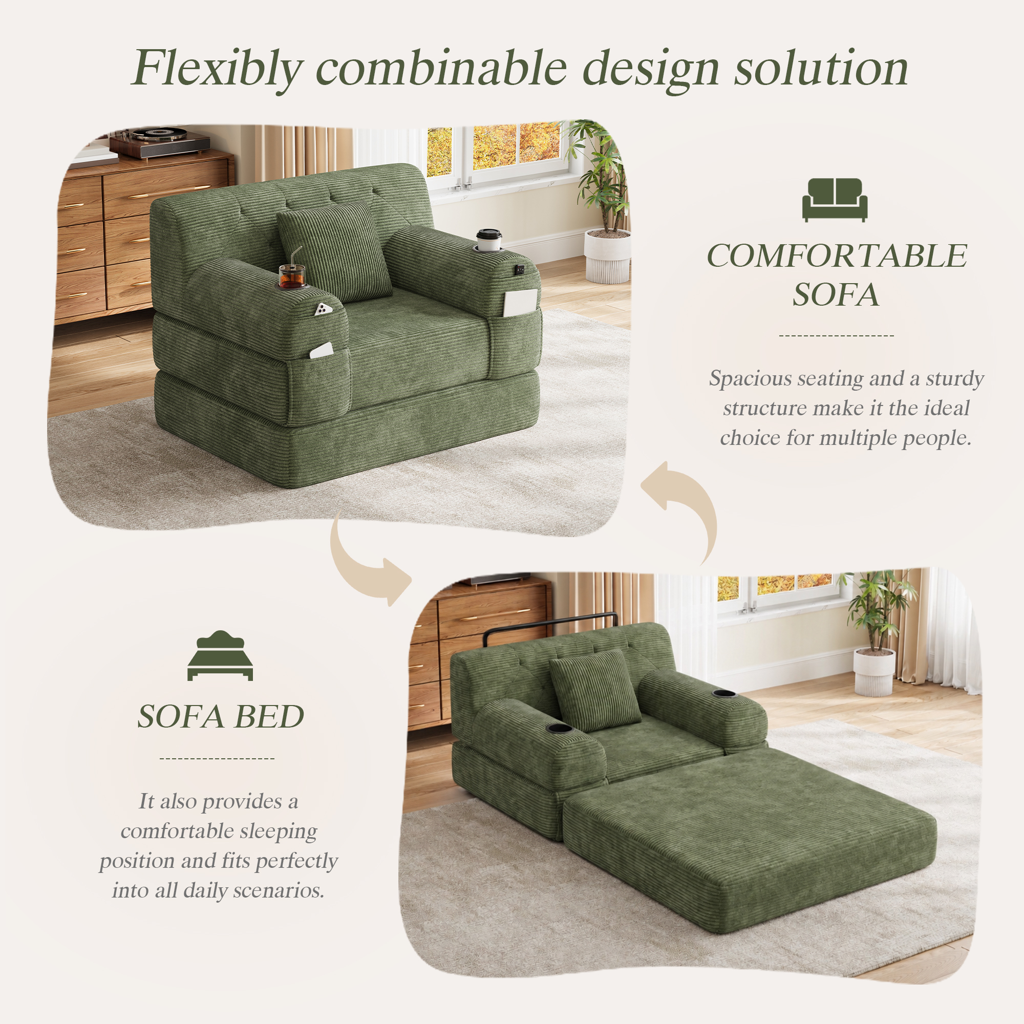 1-Seater Sleeper Sofa, Compressed Corduroy With High Backrest, Metal Frame — image 2