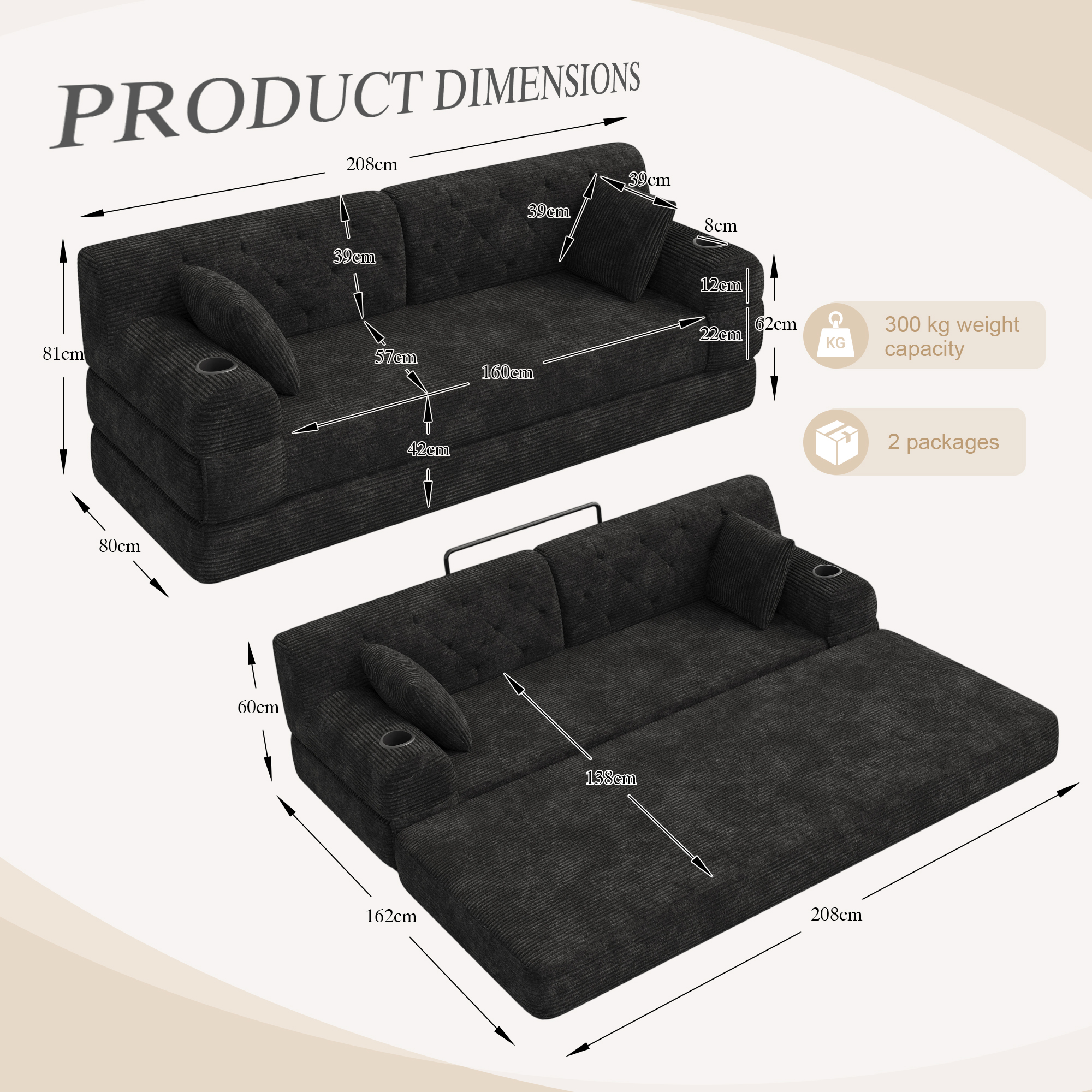 3-Seater Sleeper Sofa, Compressed Corduroy With High Backrest, Metal Frame — image 3