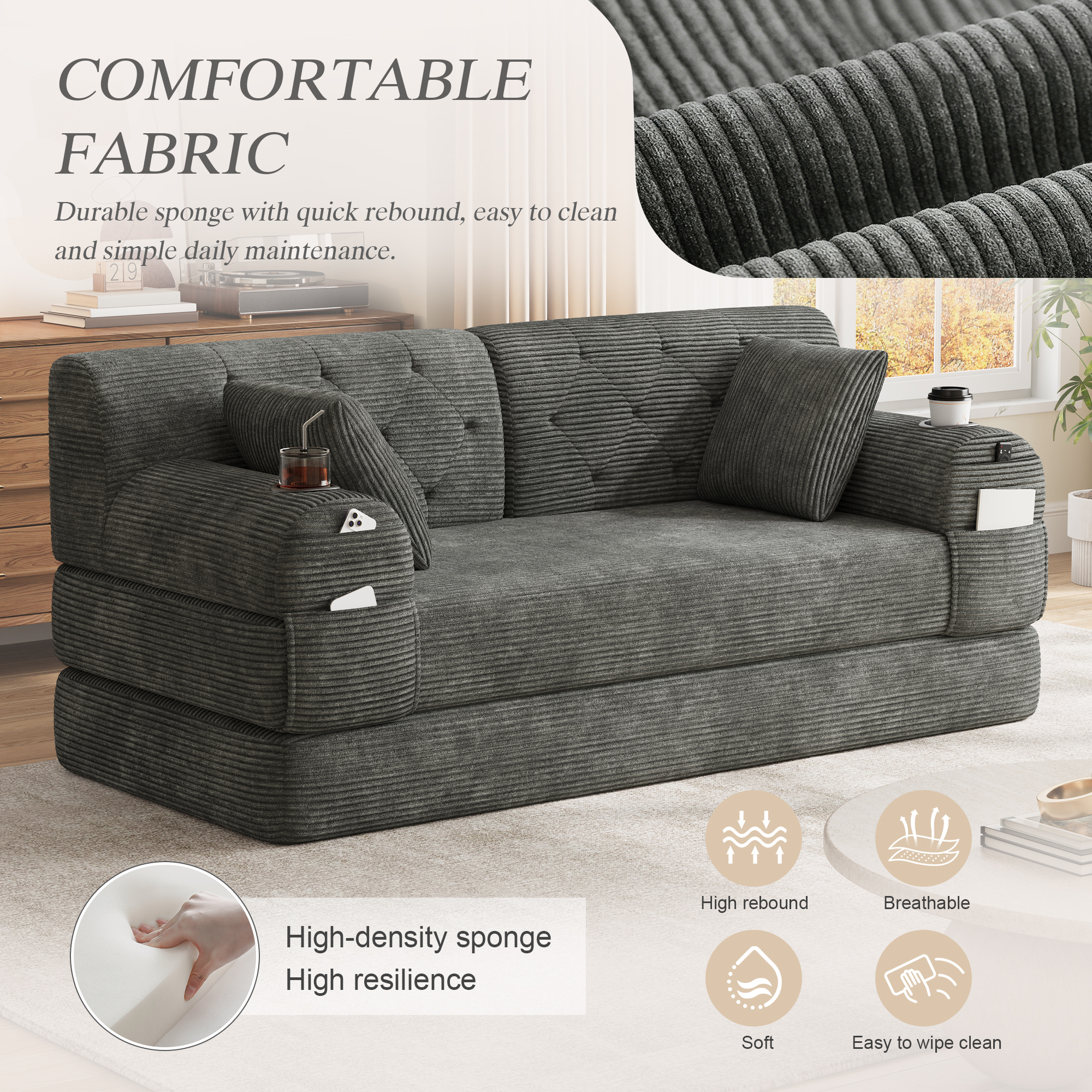 2-Seater Sleeper Sofa, Compressed Corduroy With High Backrest, Metal Frame — image 5